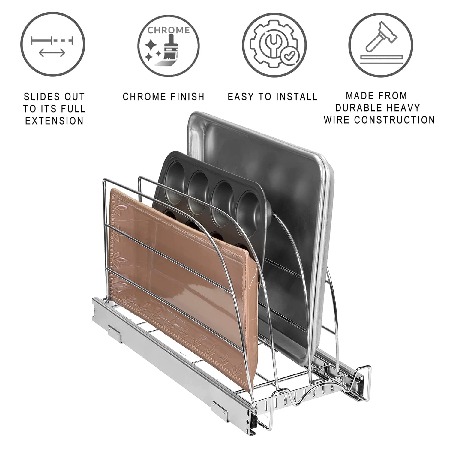 Holdn Storage Pull Out Organizer For Cookie Sheet, Cutting Board, Bakeware, And Tray, Sliding Rack- Heavy Duty - Lifetime Limite