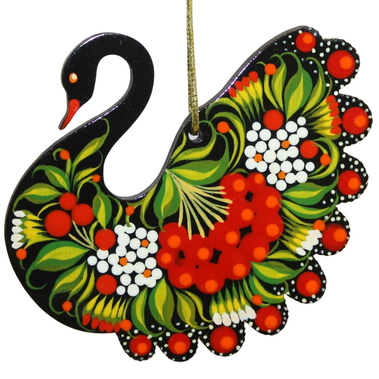 Black Swan Christmas Ornament Wooden Hand Painted on Both Sides 3.5 x 3.5 x 0.2 in. Ukrainian Traditional Painting Petrykivka wi