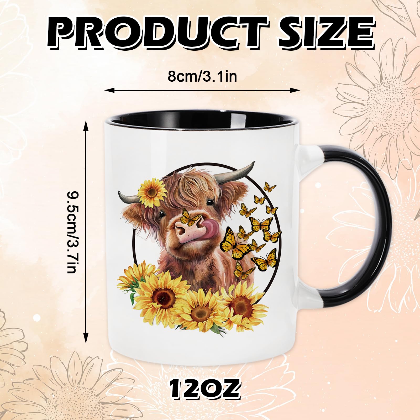 Whaline Highland Cow Mug Cute Cow Sunflower Butterfly Coffee Mug Ceramic Farmhouse Party Cup for Home School Office Table Center