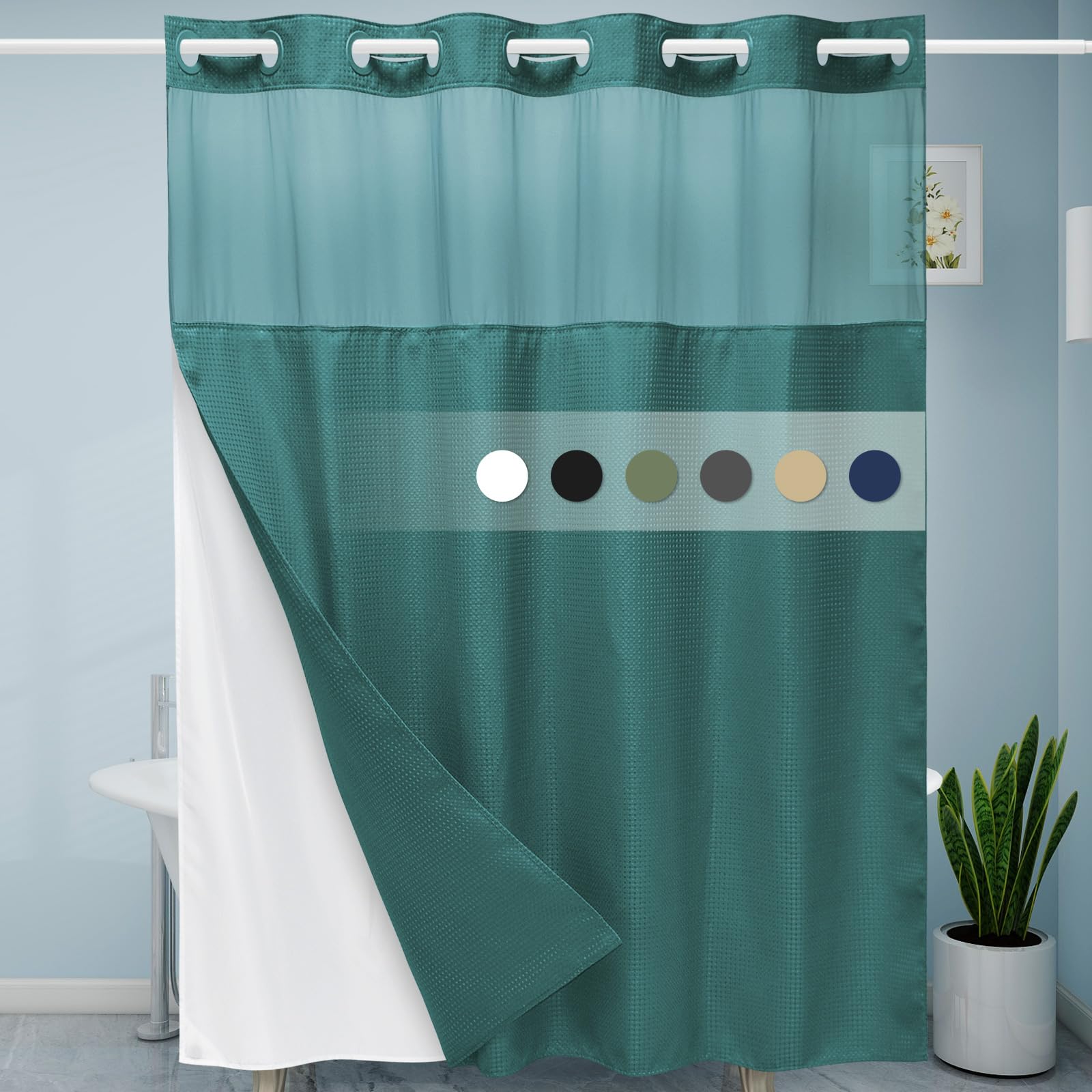 Eutxl Seaweed Green No Hook Shower Curtain With Snap In Liner,230Gsm Waffle Weave Shower Curtains For Bathroom,71W X 74H