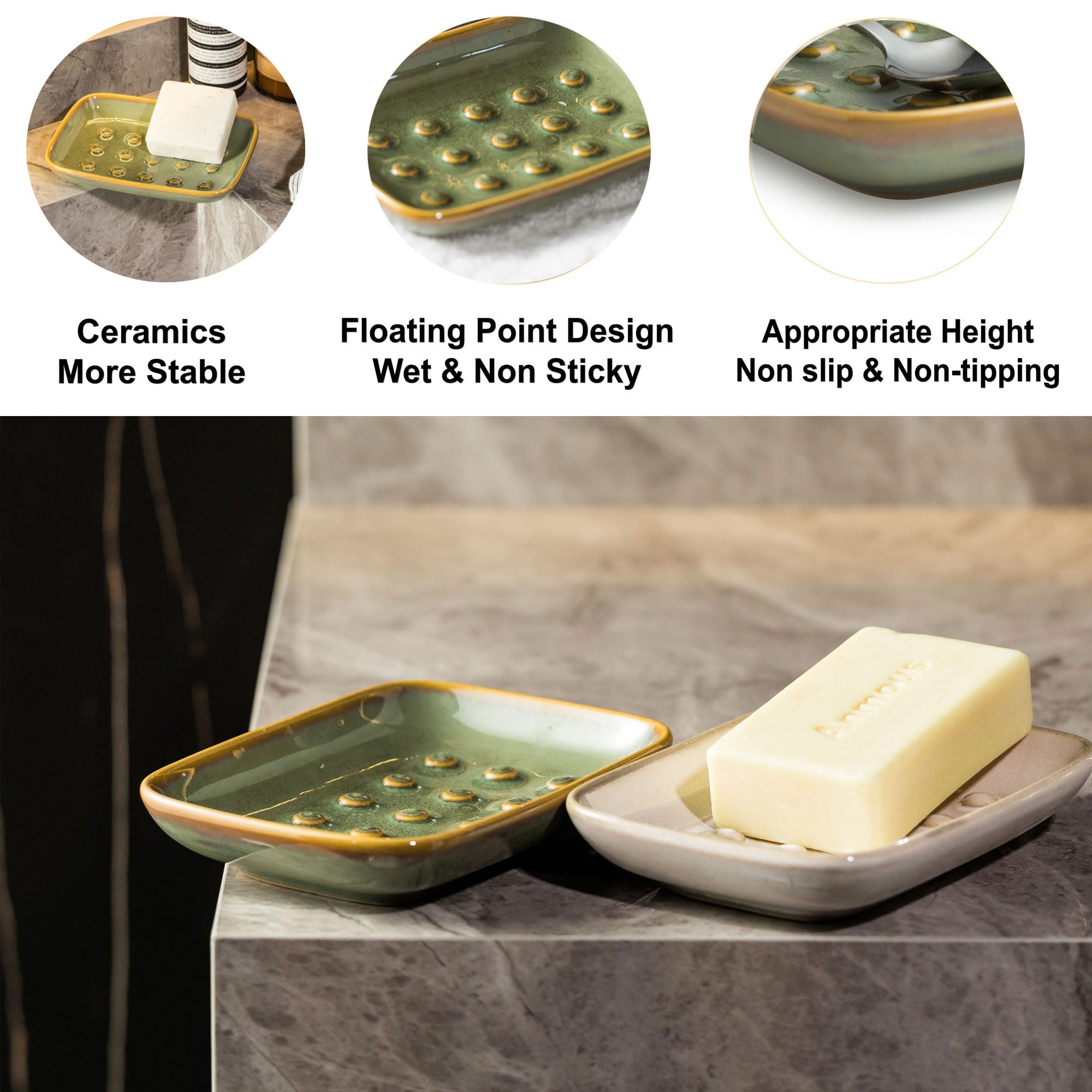 Miamolo Soap Dish For Shower, Ceramic Soap Dish Non-Slip Soap Holder Soap Bar Saver Tray For Bathroom Kitchen Sink, Floating Poi