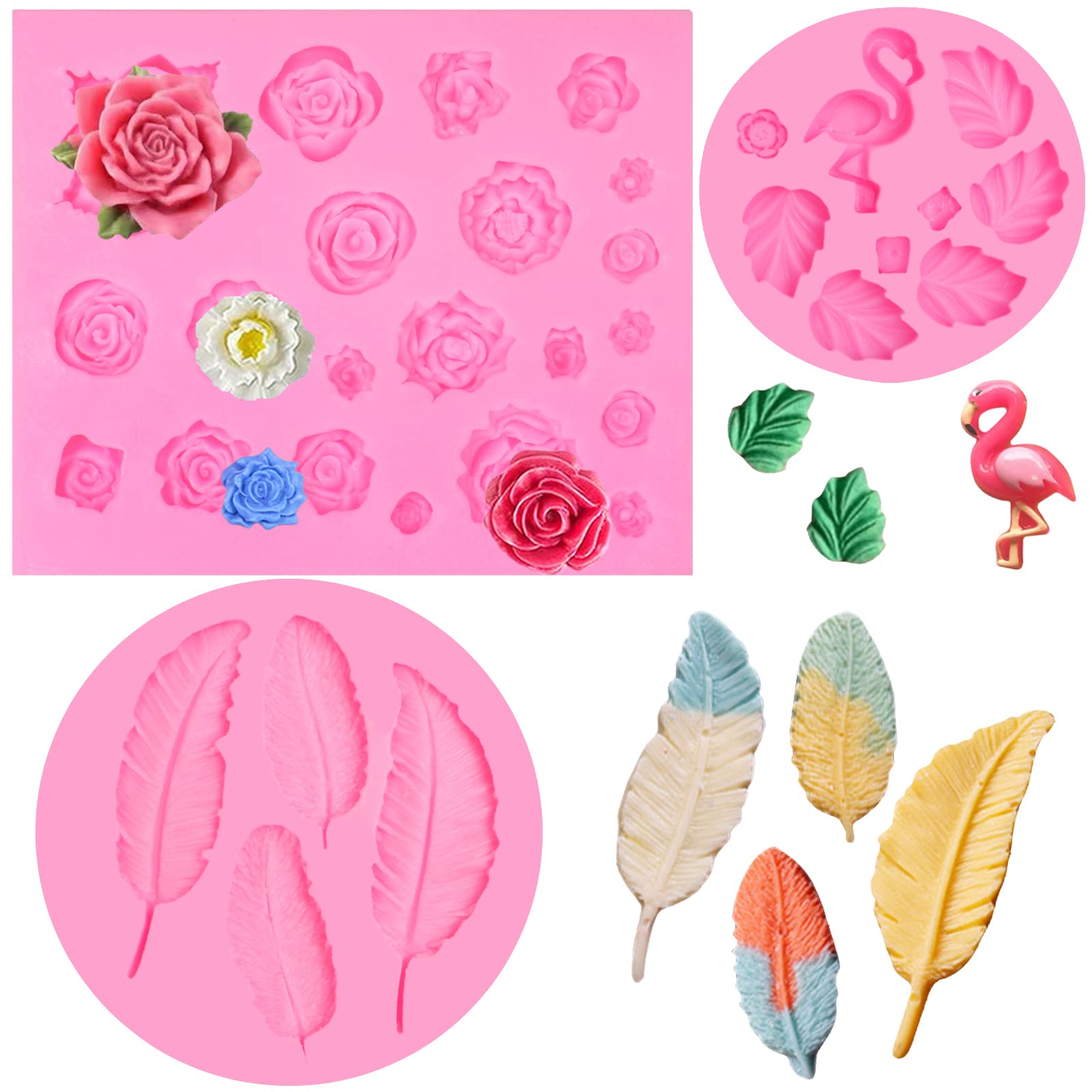 Rose Collection Silicone Fondant Mold 3 Pcs, Flower Leaf Fondant Mold, Flamingo Tropical Leaf Chocolate Mold For Cake Decoration