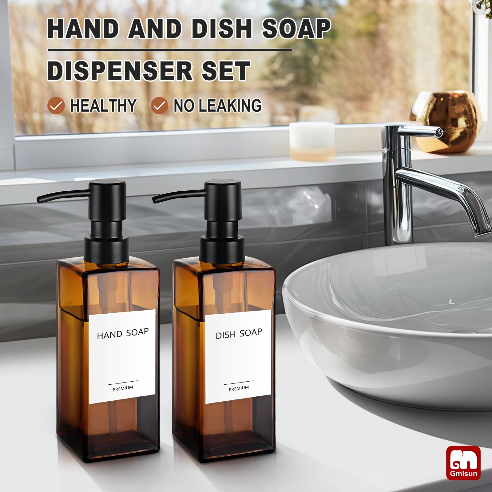 Gmisun Amber Glass Soap Dispenser, 2 Pack Hand Soap Dispenser Bathroom, 12Oz Dish Soap Dispenser Set For Kitchen, Glass Liquid S