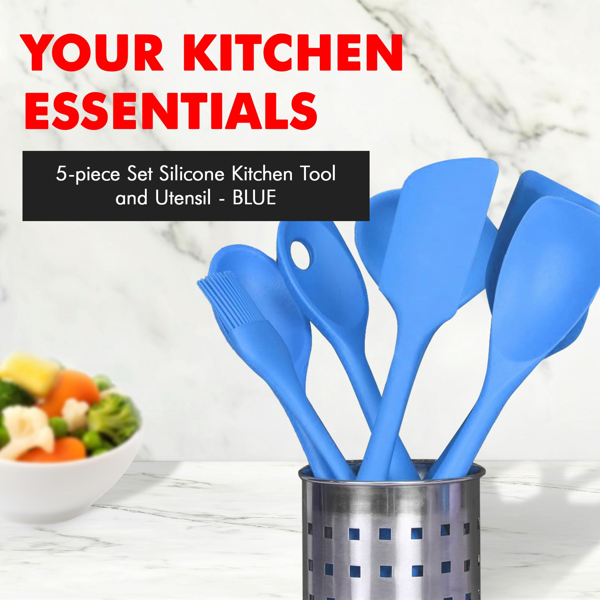 Chef Craft Premium Silicone Kitchen Tool And Utensil, 5 Piece Set, Blue