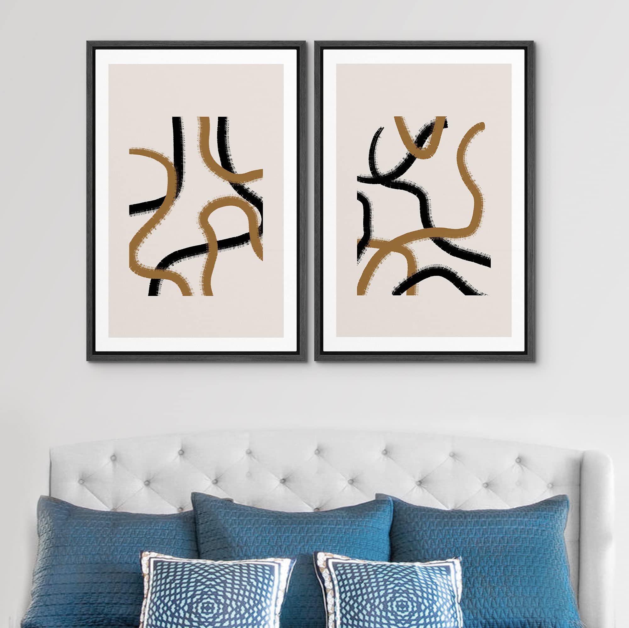 SIGNWIN Framed Wall Art Print Set Black and Brown Lines Over Tan Background Abstract Swirly Digital Art Modern Art Mid-Century Modern Expressive for Living Room  Bedroom  Office - 16''x24''x2 Black
