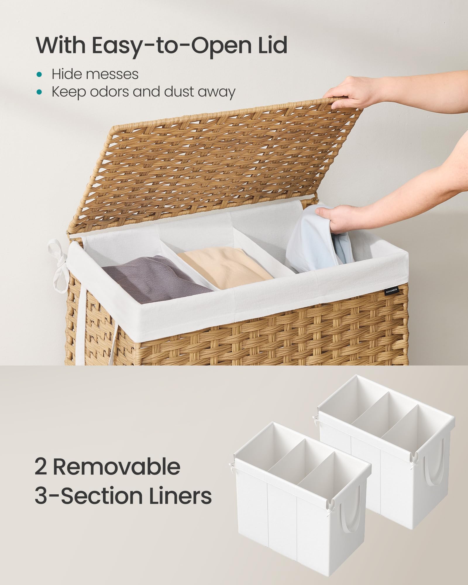 Songmics Laundry Hamper With Lid, 160 L Clothes Hamper With 2 Removable Liner Bags, 6 Mesh Bags, Wicker Laundry Basket, Double L
