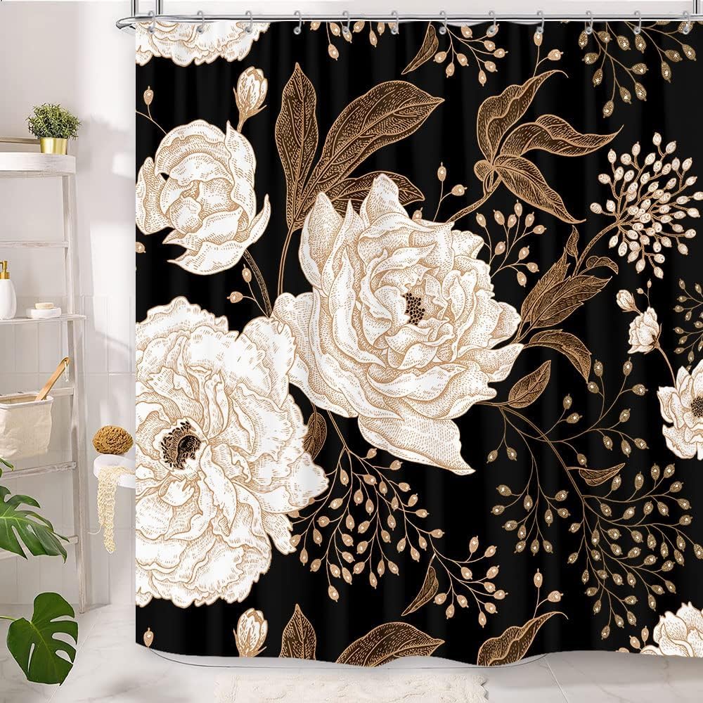 Black And Gold Shower Curtain, Dark Roses Leaves Botanical Aesthetic Boho Floral Shower Curtain For Bathroom With Hook, Vintage