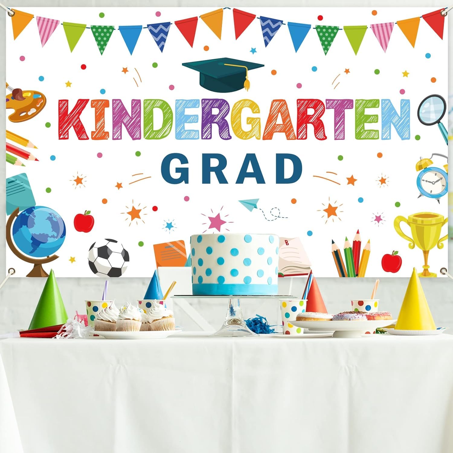 Kindergarten Graduation Party Decorations Backdrop Preschool Graduate Banner for Kids Pre-K Congrats Grad Background Class of 2023 Ceremony Supplies Grad School Prom Party Favors (White)