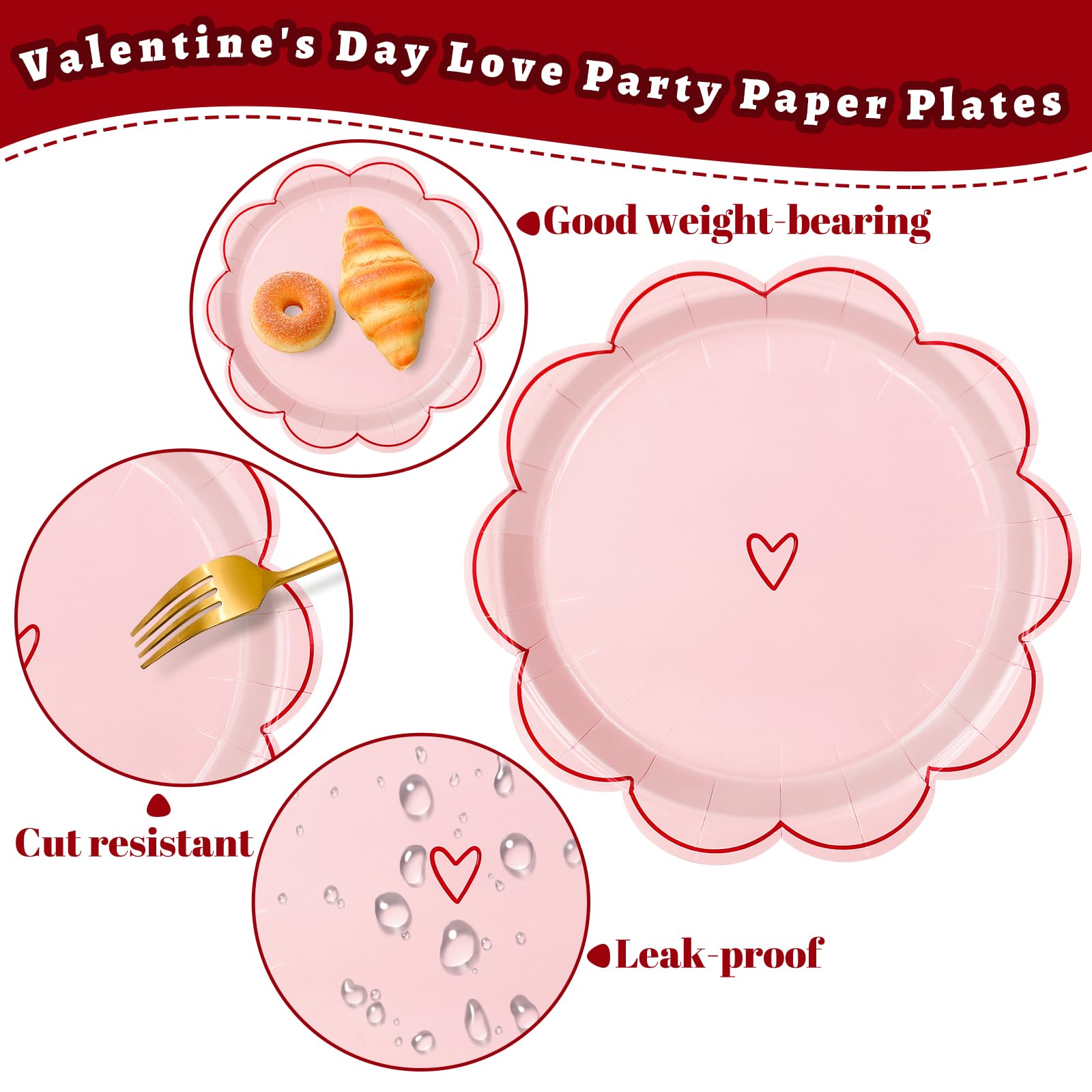 Jarthenaamcs Valentine'S Day Paper Plate Scalloped Heart Disposable Plate Red Pink White 9 Inch Tableware Dinner Plate For Home