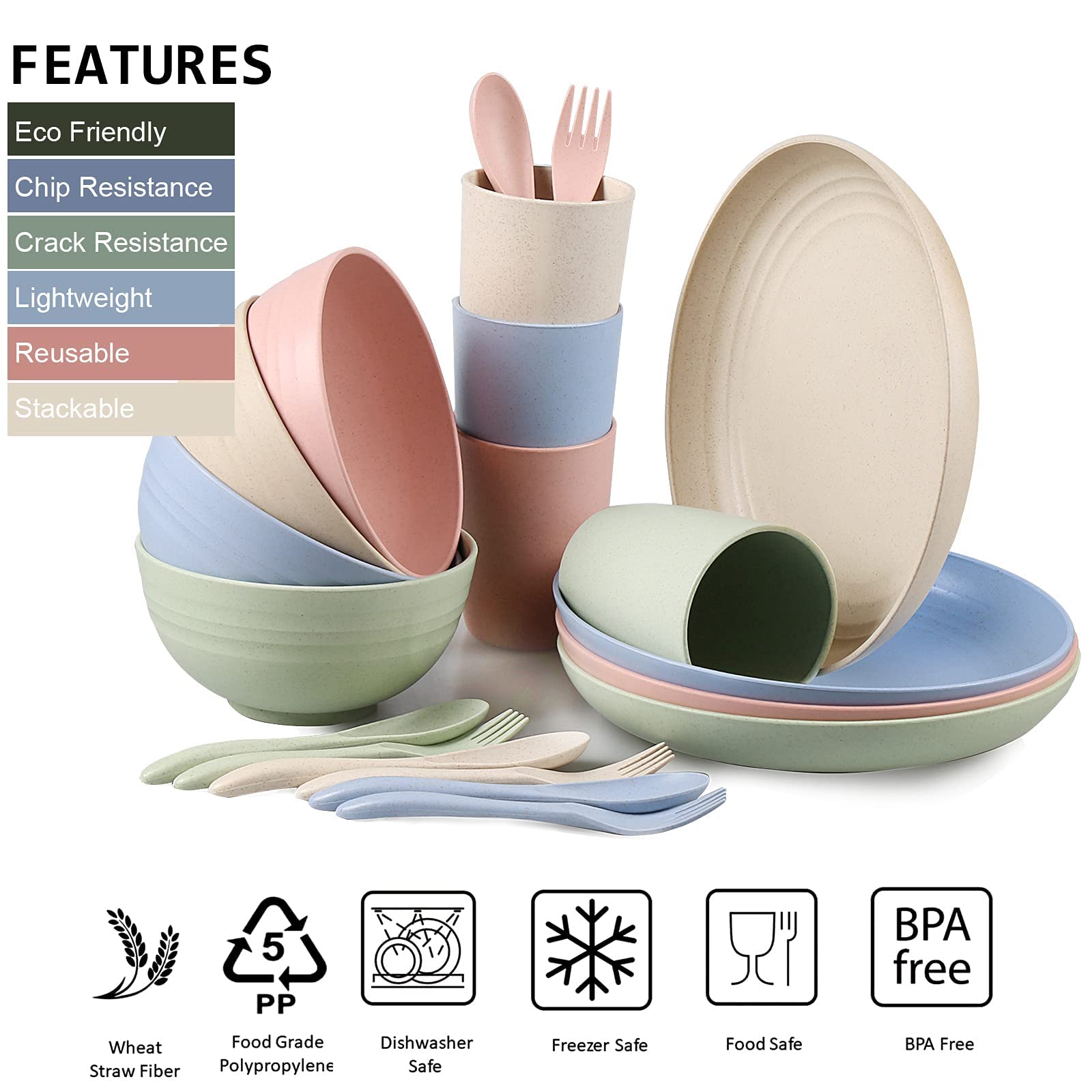 Wheat Straw Dinnerware Sets, 20 Pcs Microwave Unbreakable Plates And Bowls Sets, Reusable Lightweight Tableware Dinner Dishes, B