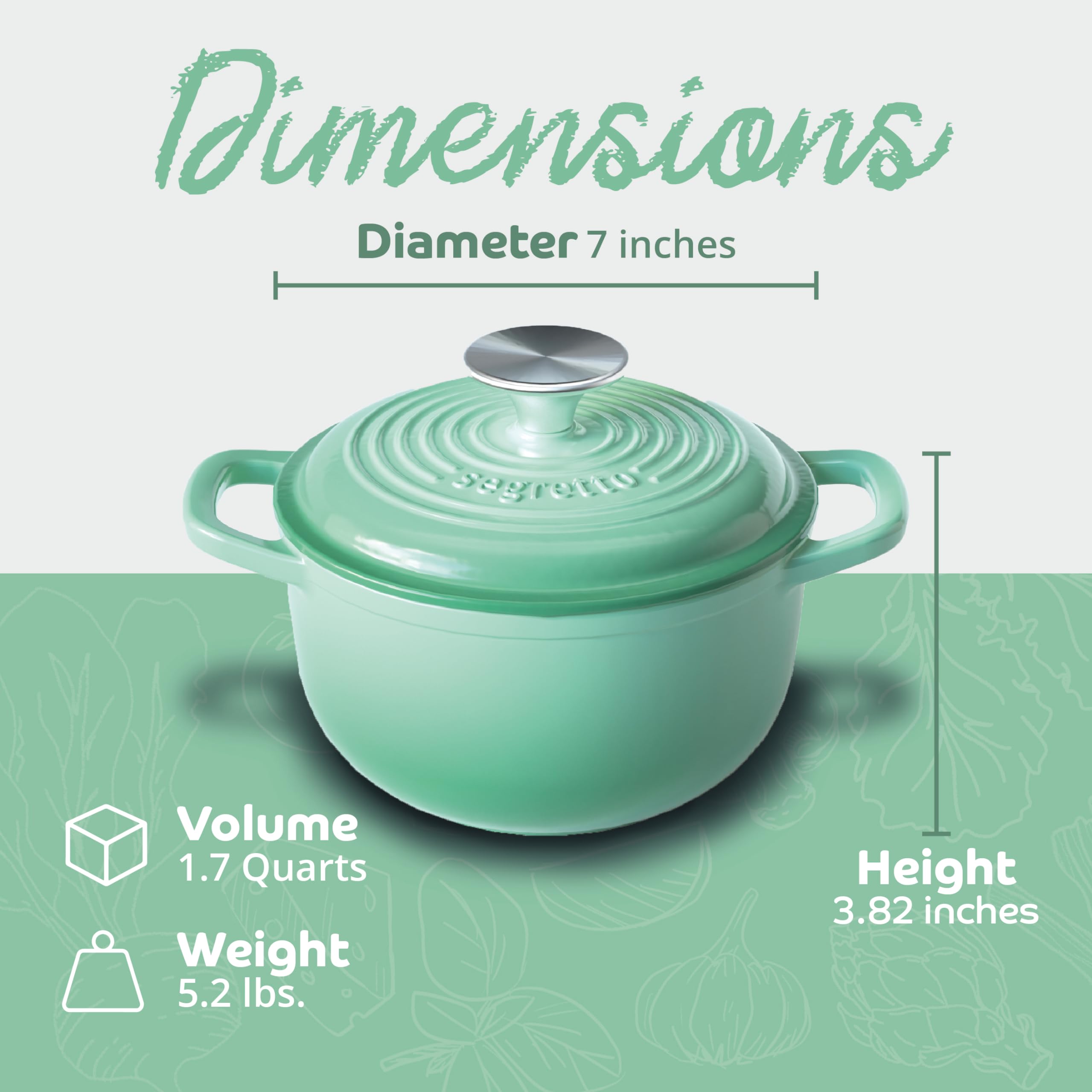 Segretto Cookware Enamel Dutch Oven Cast Iron With Handle Verde Chiaro (Light Green) 1.7 Quarts Enameled Cast Iron Dutch Oven Wi
