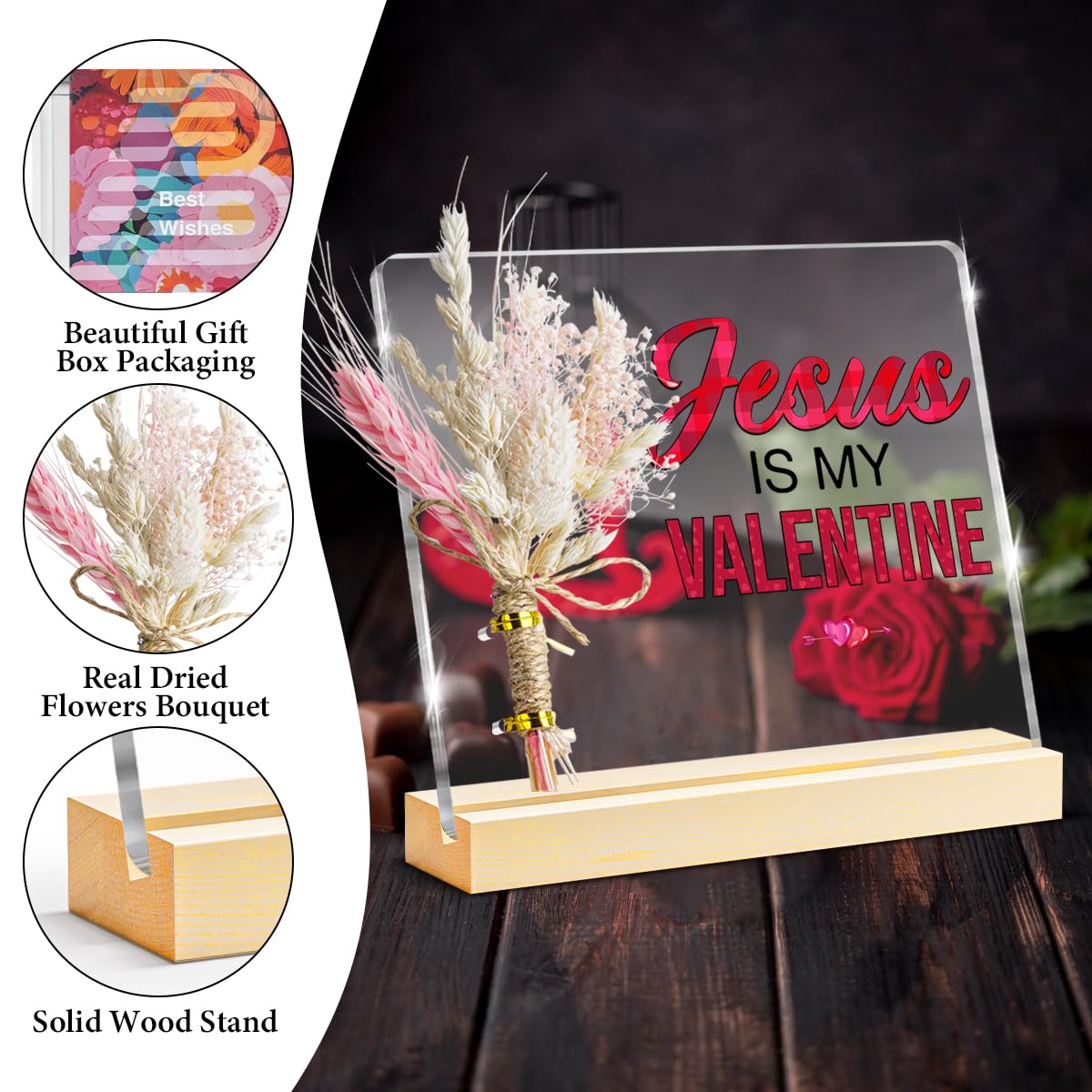 Valentines Gifts, Jesus Is My Valentine Decorative Sign, Bouquet Acrylic Sign With Wooden Stand for Office Desk Table Shelf