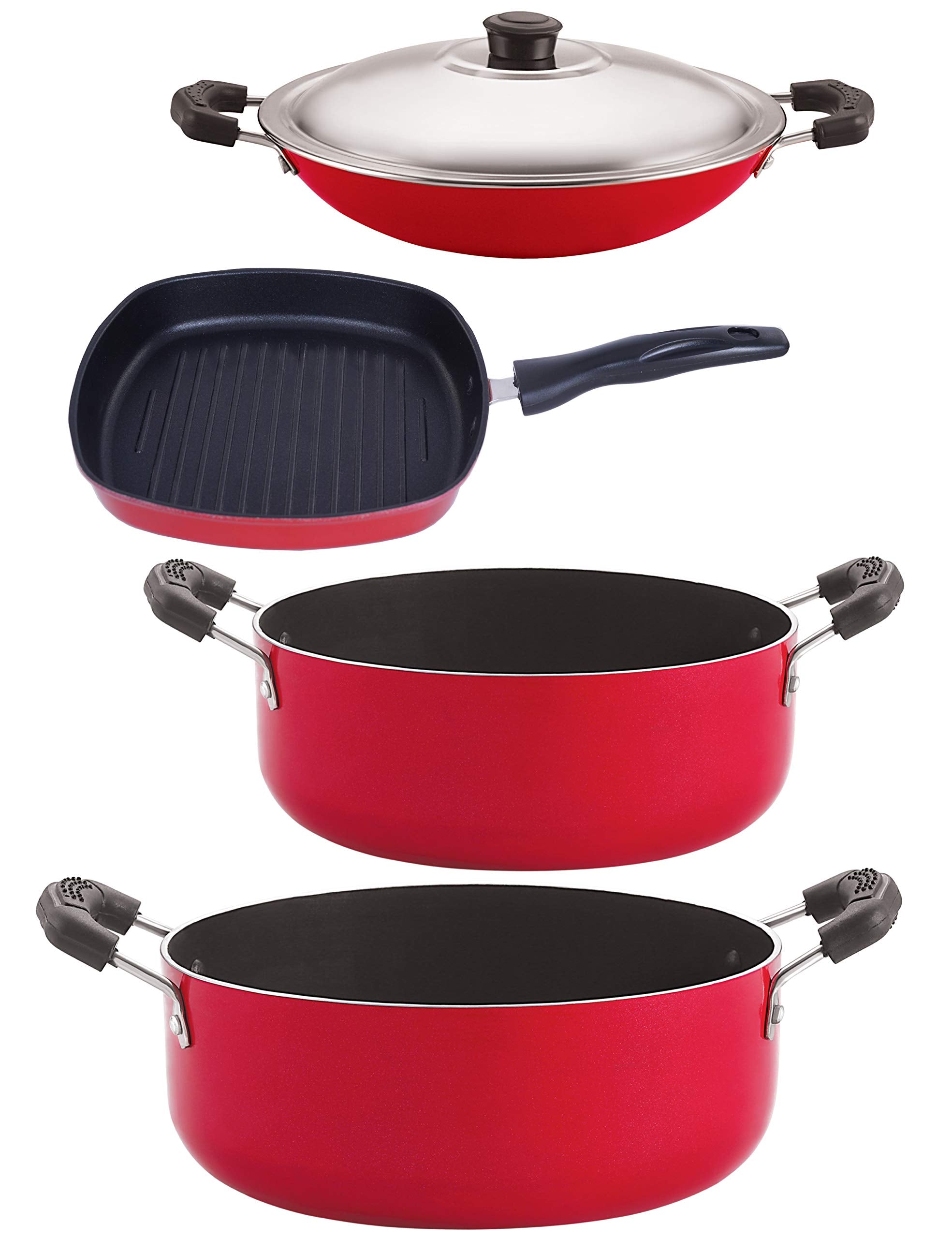 Nirlon NonStick Aluminium Cookware Set, 4Pieces, Red & Black (Ac_Cs20_Gp24.5_Cs24)