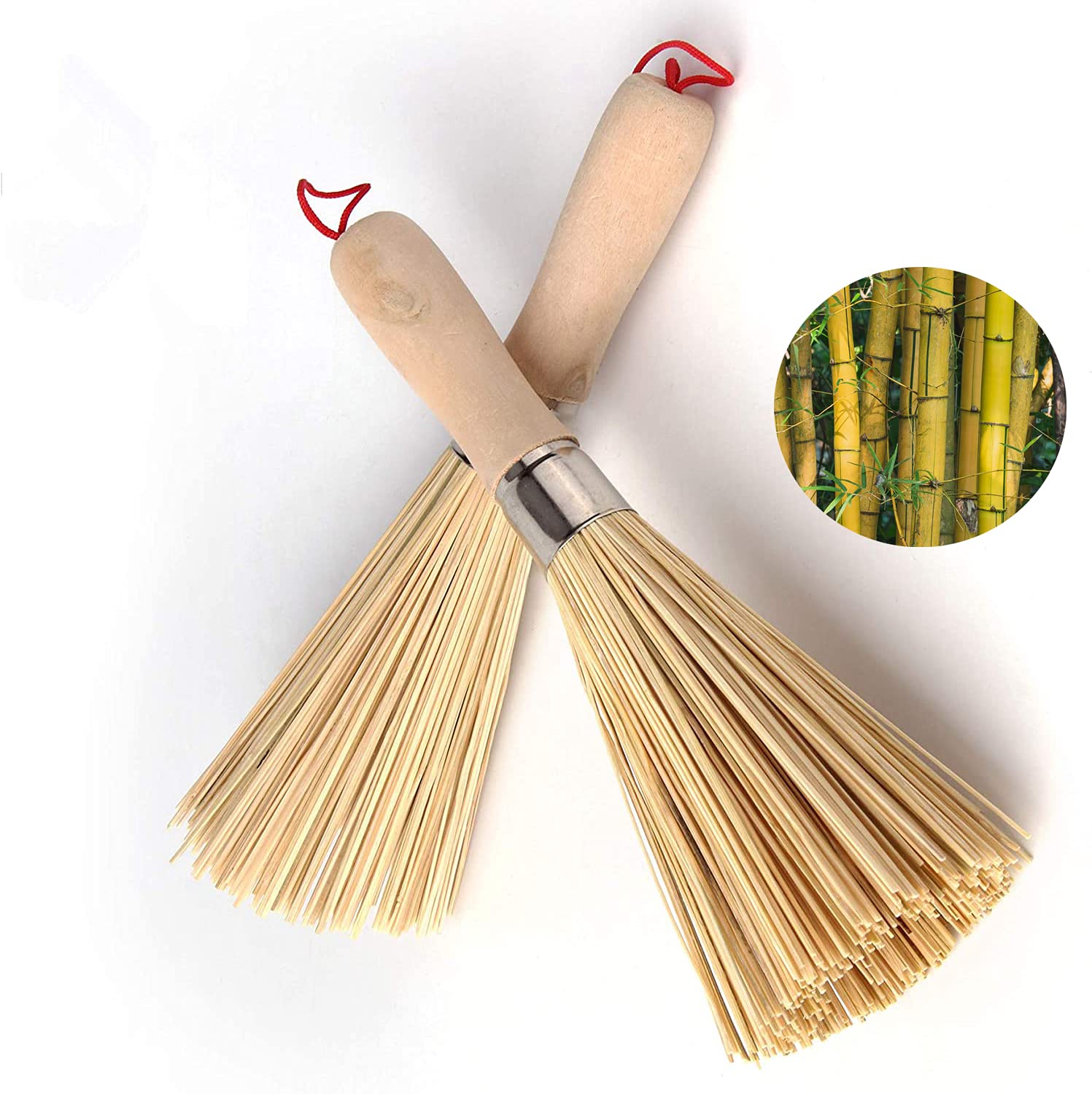 2Pack Traditional Natural Bamboo Wok Brushes , Kitchen Cleaning Brush, Bamboo Kitchen Pan Brush, For Cleaning Dishes, Cast Iron
