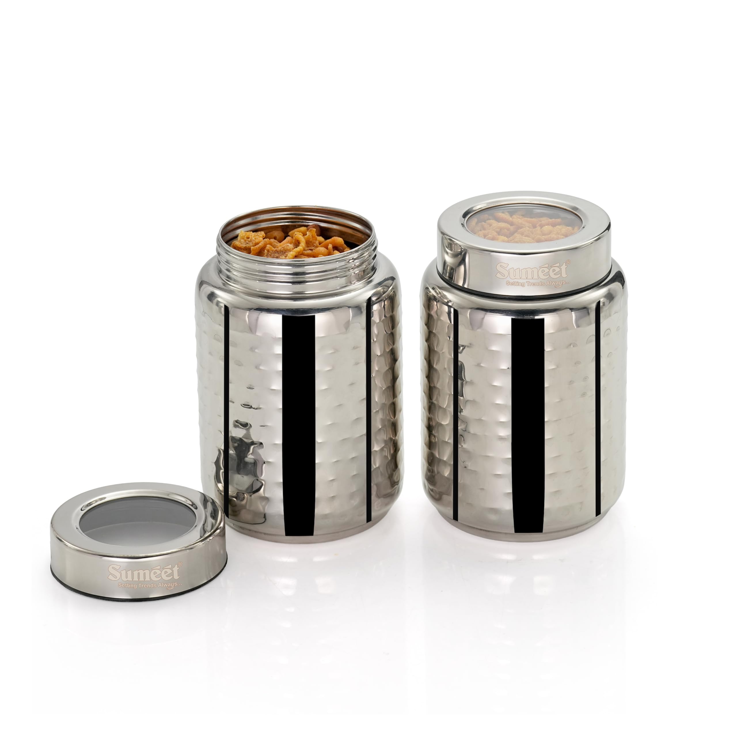 Sumeet Isi Certified Stainless Steel Hammered Canister Container For Kitchen Storage With See Through Lid Set Of 2Pcs - 950Ml  10Cm Dia  Silver