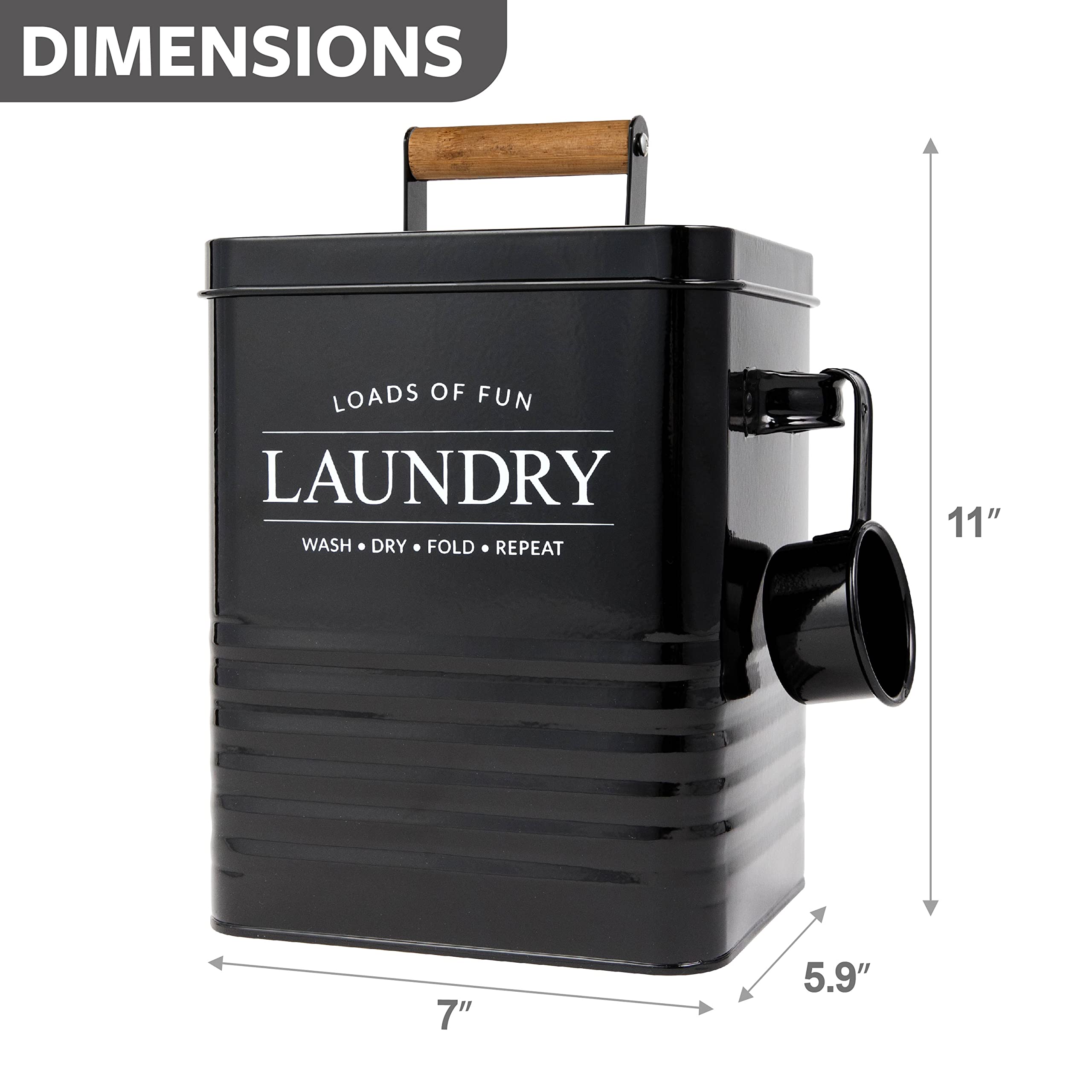 Calindiana Modern Farmhouse Metal Laundry Soap Dispenser Container Holder with Scoop for Laundry Room Decor and Space Saving Laundry Room Organization and Storage  Laundry Powder Container  Black