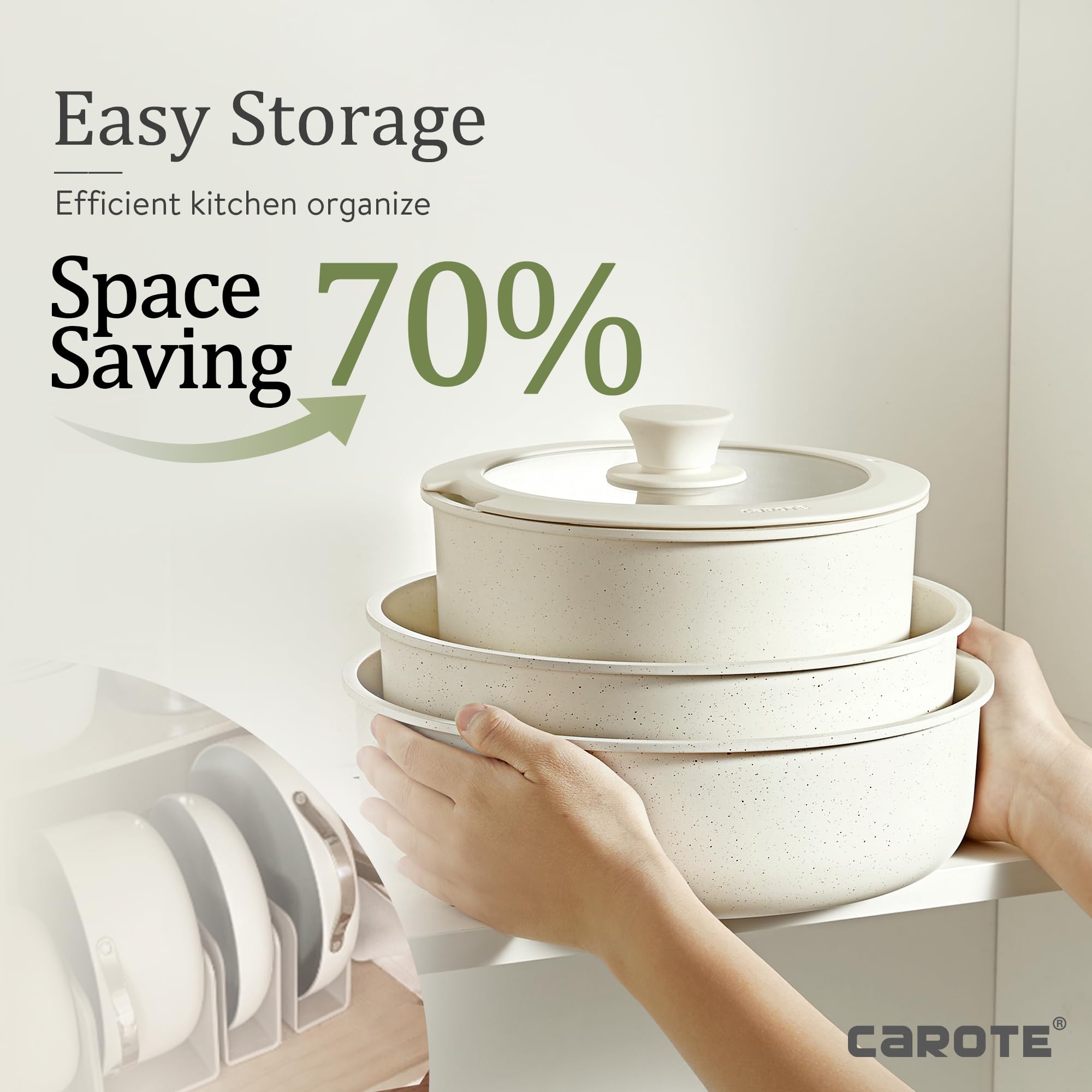 CAROTE 21pcs Detachable Handle Pots and Pan Set, Nonstick Induction Cookware, Removable Handle, RV Oven Safe Cookware, Cream Whi