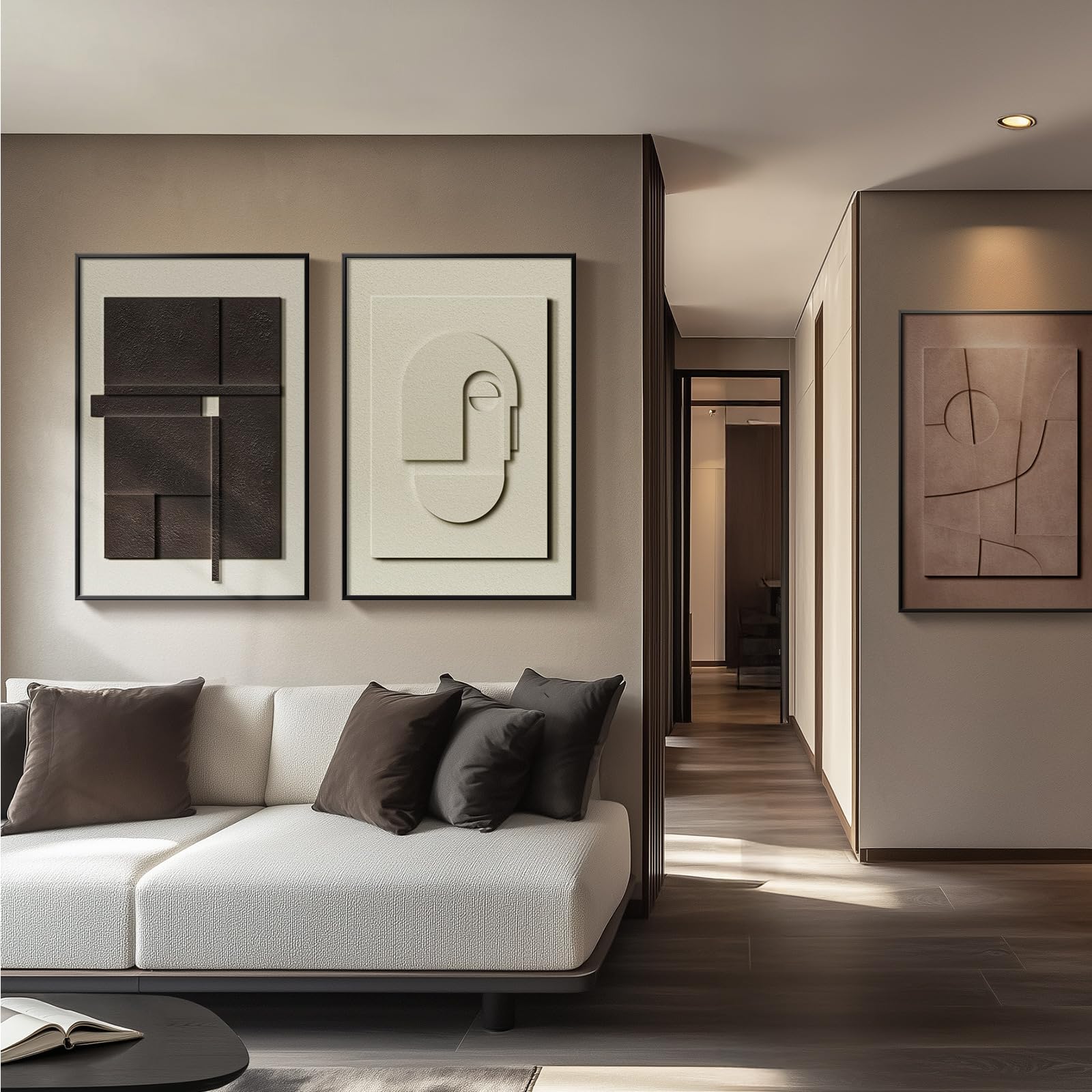 Large Framed Abstract 3D Textured Wall Art For Living Room, 3-Piece Modern Neutral Artwork For Walls, Geometric Brown White Text