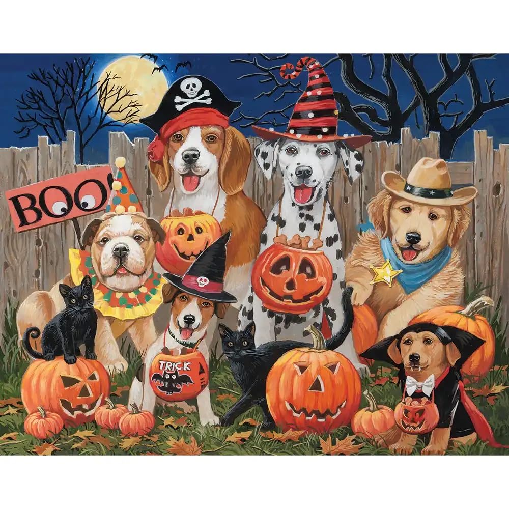 Bits and Pieces - 500 Piece Jigsaw Puzzle for Adults - Halloween Tricksters - Fall Night Holiday Dog Puppy Cat Pumpkin Fence Moo