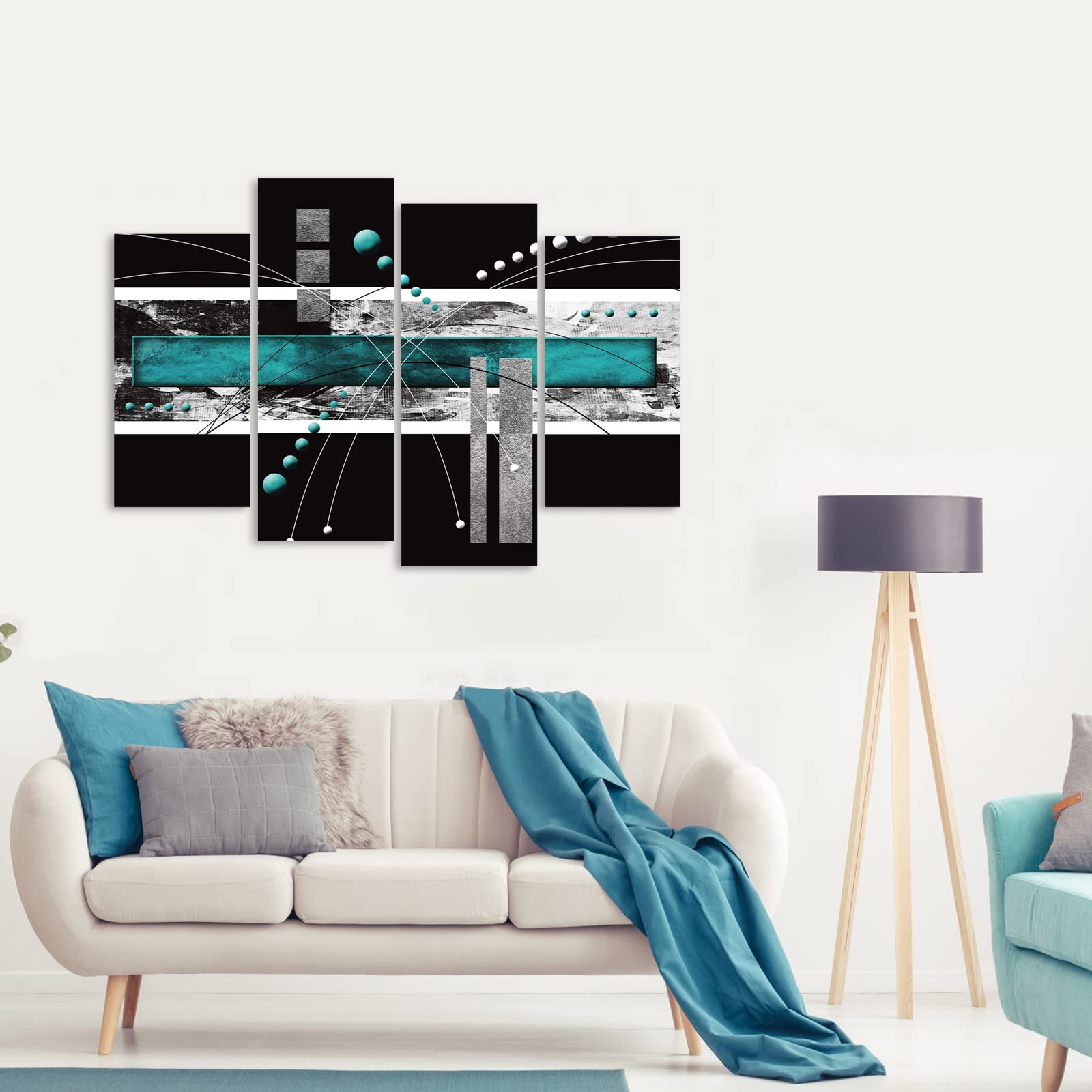 Ypy Large Black Teal Canvas Wall Art - 4 Panels Modern Abstract Picture Set For Home Decoration - Contemporary Painting Artwork