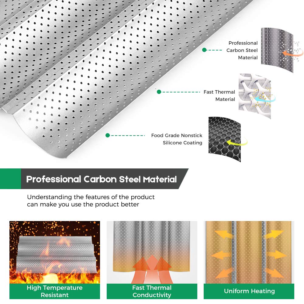 Amagabeli Garden & Home French Baguette Pans For Baking 15   X9.6    Nonstick Carbon Steel 3 Loaf Perforated Bread Tray Bake Mol