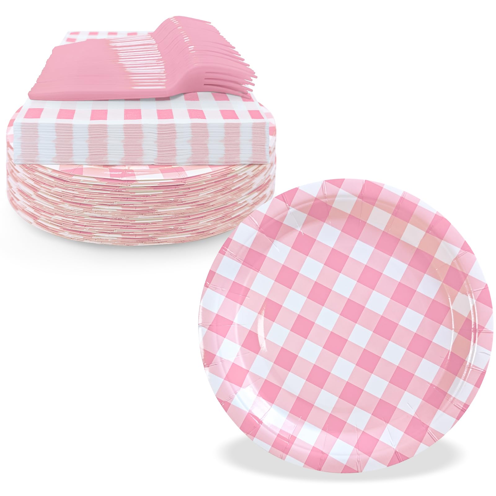 WYQJHKV 105 Pcs Pink Gingham Party Supplies Include 7 Inch Disposable Pink Dessert Paper Plates and Napkins for Wedding Baby Sho