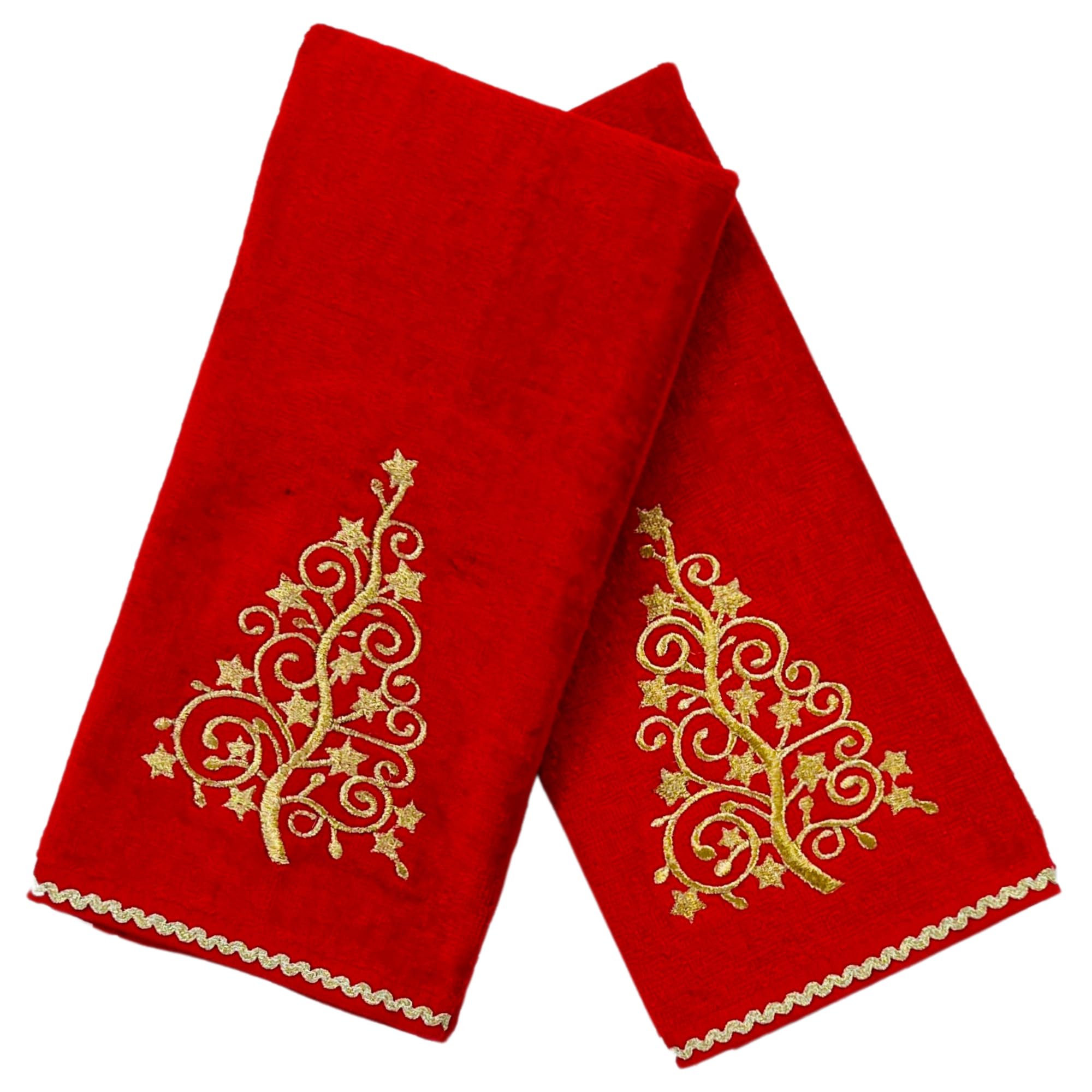 Serafina Home Holiday Christmas Bath Hand Towels, Embroidered Gold Xmas Tree On Red, 2 Piece Set, 16 X 25 Inches, 100% Cotton