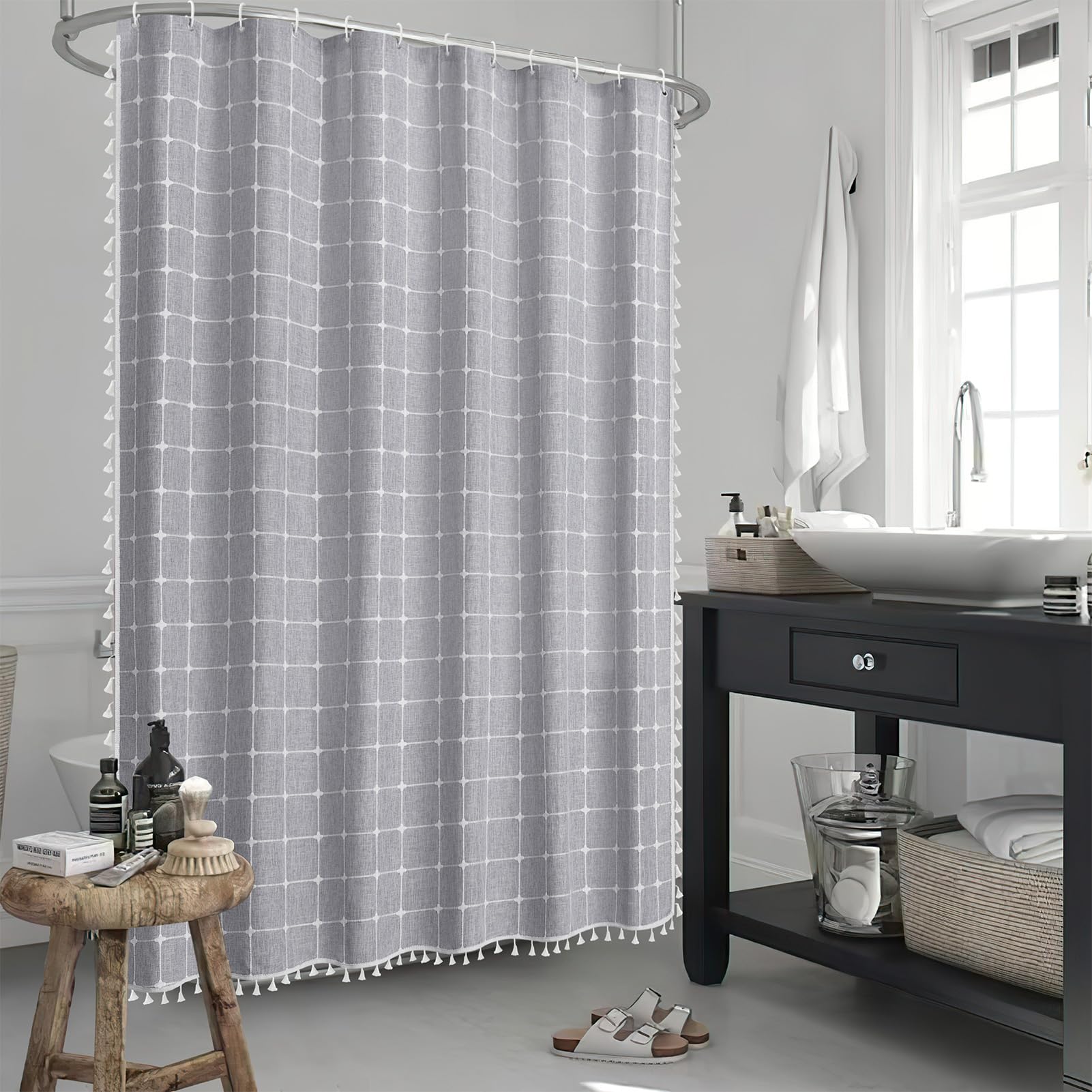 Grey Shower Curtain, Boho Farmhouse Linen Textured Weighted Fabric Shower Curtains For Bathroom, Bohemian Chic Modern Minimalist