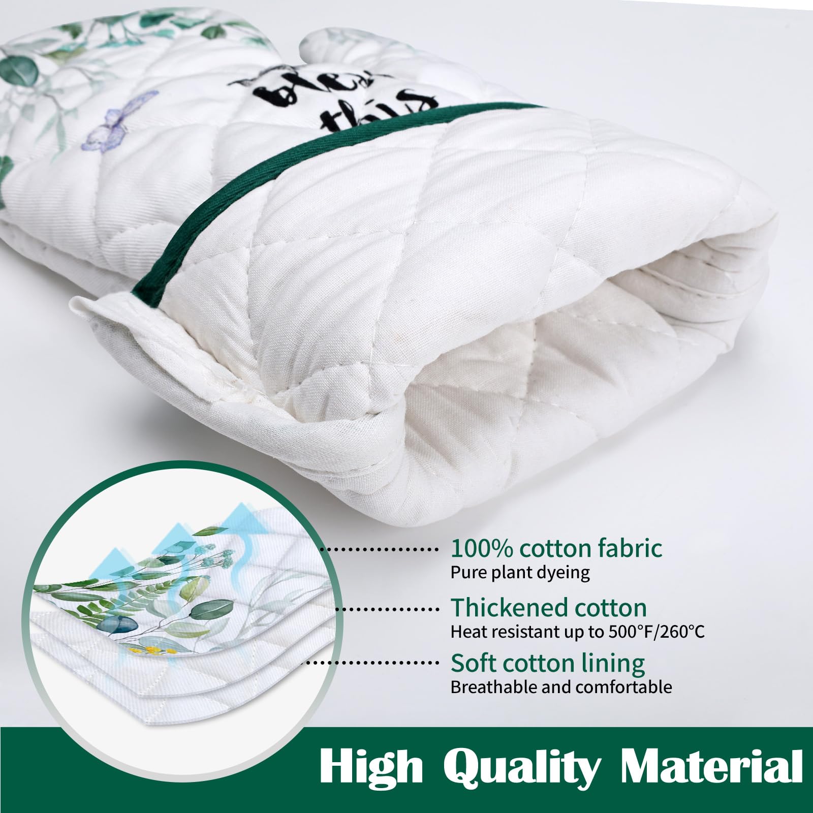 Arquiel Eucalyptus Leaf Oven Mitts And Pot Holders Sets 2Pcs, 100% Cotton Heat Resistant, Extra Long Oven Gloves Potholder For K