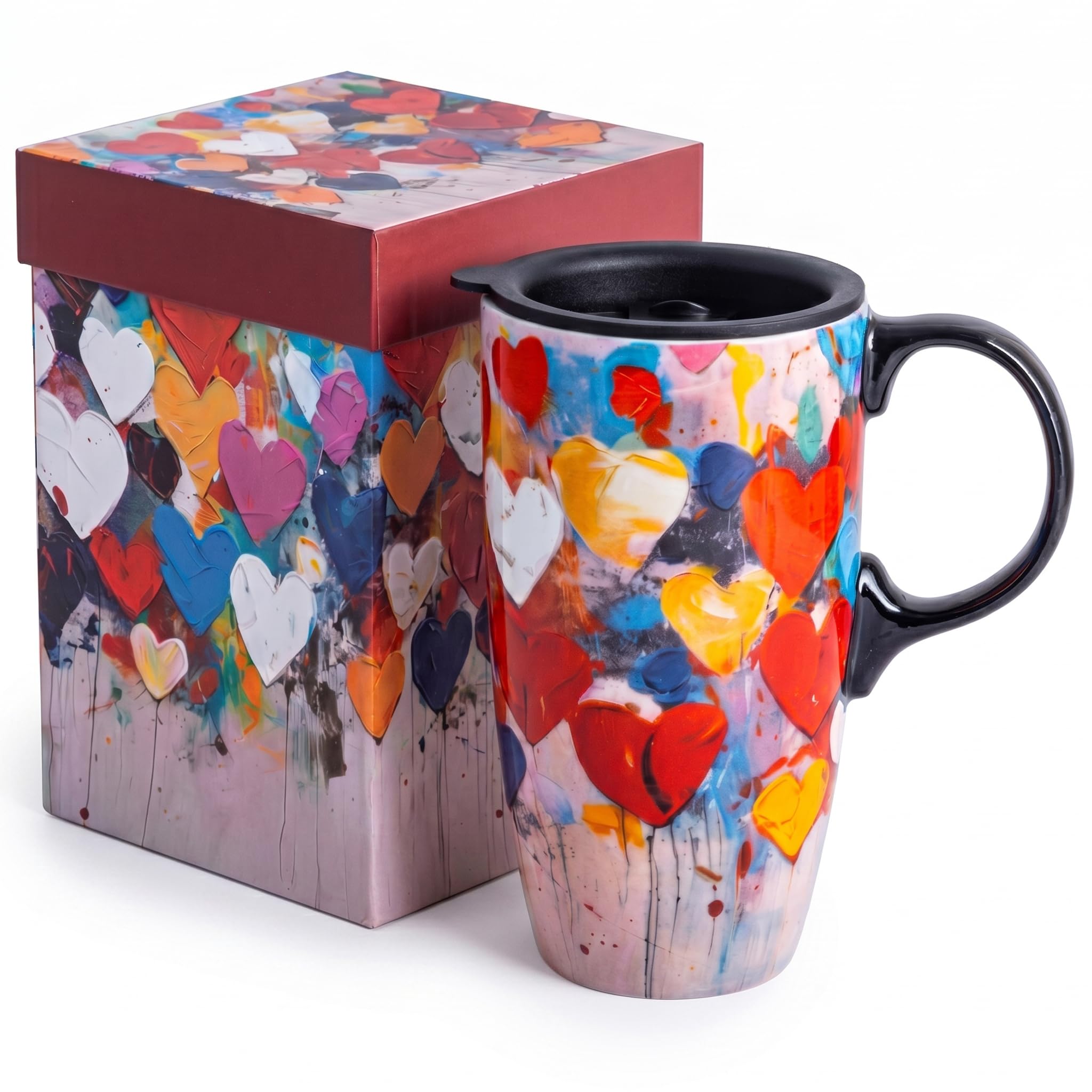Topadorn 17oz Ceramic Travel Mug with Lid, Colorful Heart Mug