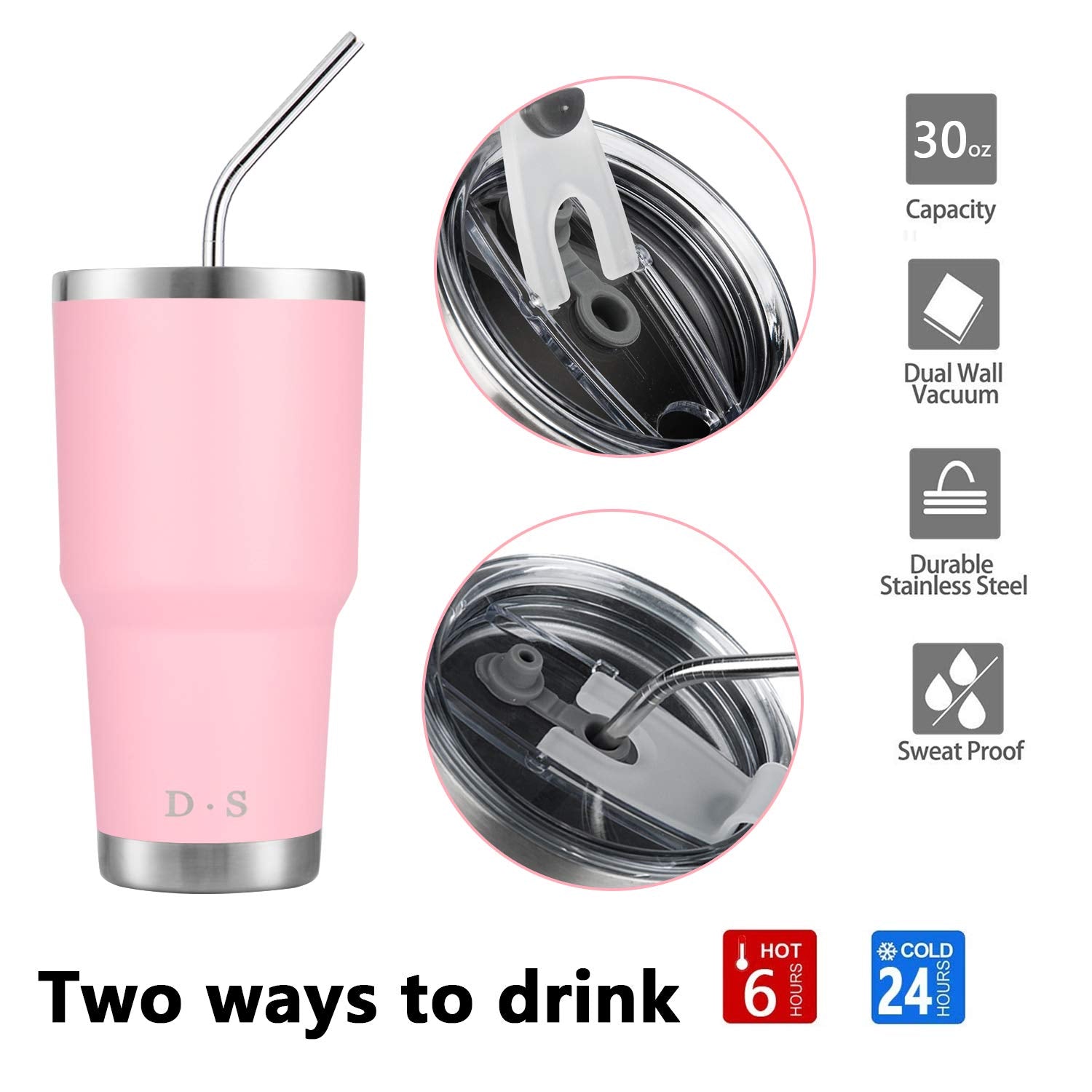 DS 30 oz Pink Tumbler Stainless Steel Double Wall Vacuum Insulated Mug with Straw and Lid, Cleaning Brush for Cold and Hot Bever