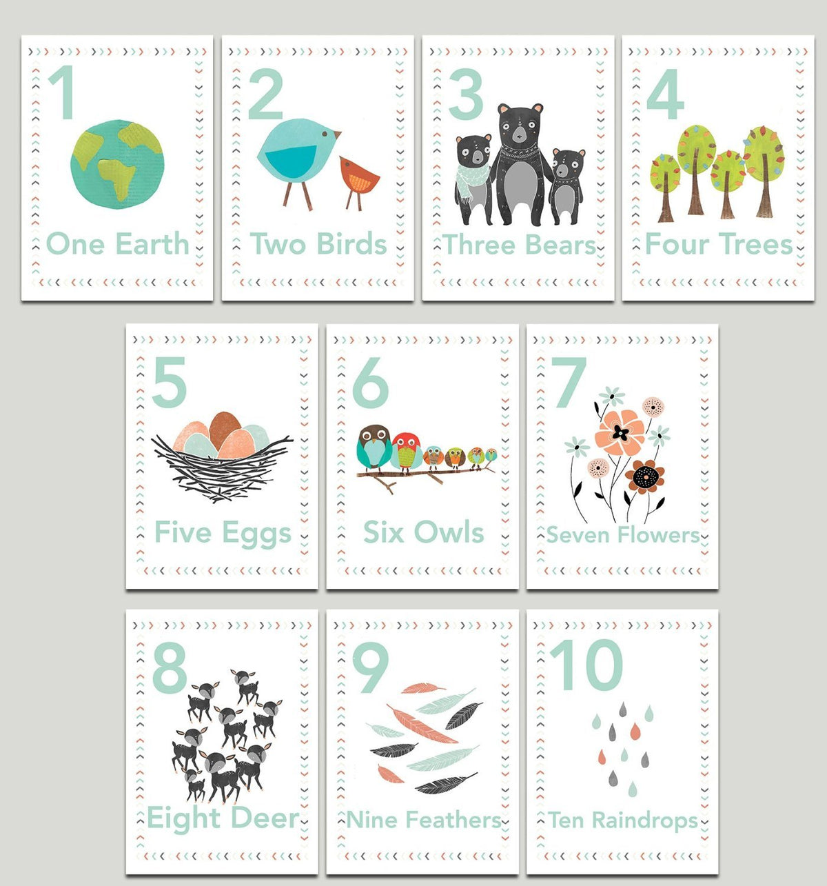 Our Earth Counting Wall Cards In English, Number Flash Cards, Set Of Ten 5X7 Wall Art Prints, Nursery Wall Art Decor, Kid 'S Art