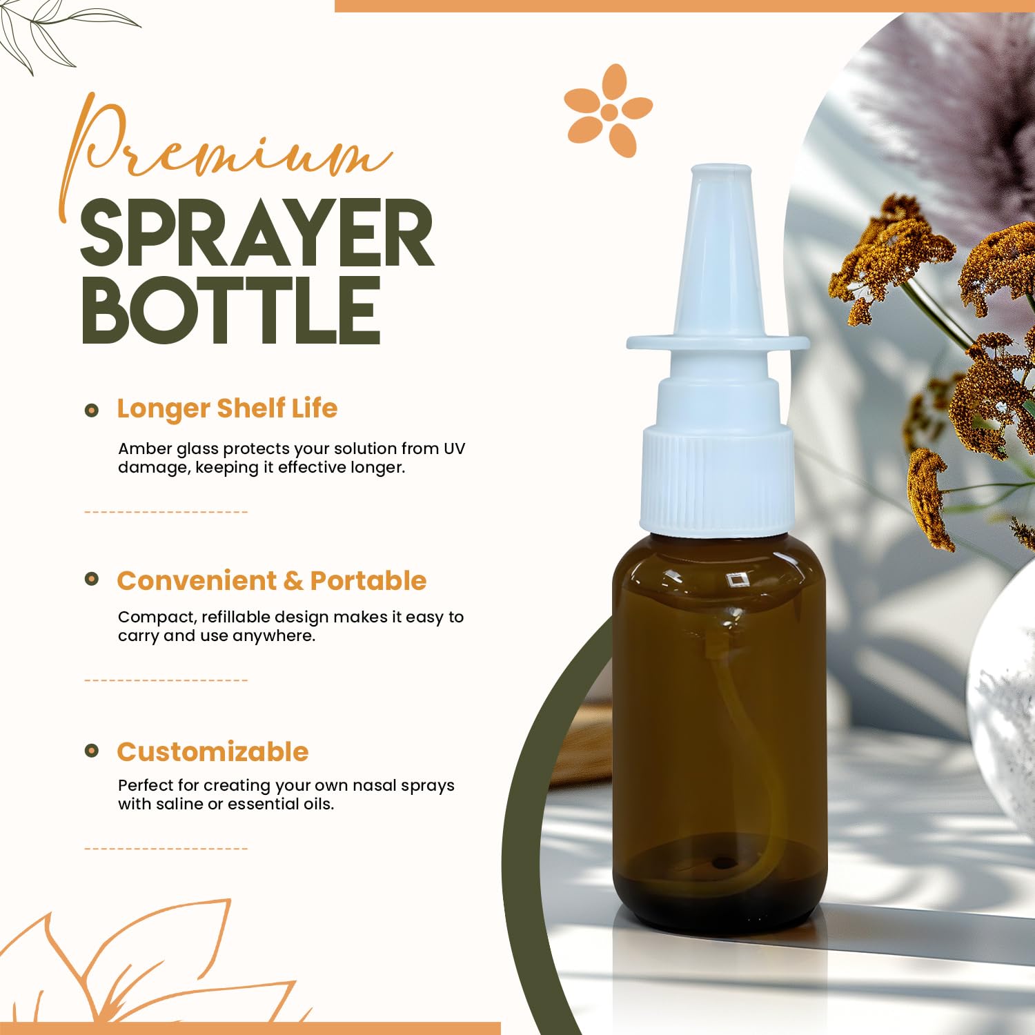 Practix Refillable 1 Oz Amber Glass Nasal Spray Bottles | Travel-Friendly, Empty & Durable For Saline Solution (Pack Of 4)