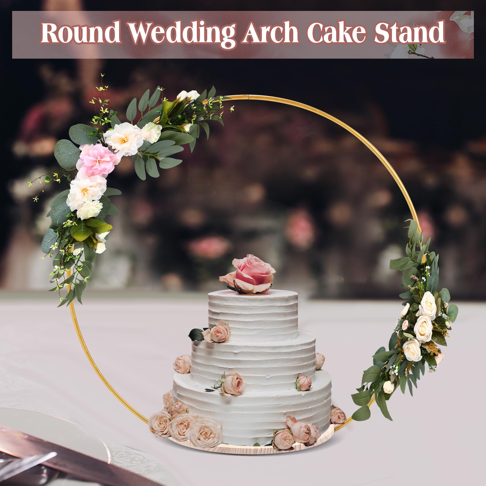 Norme 33.5 Tall Wedding Arch Cake Stand Round Metal Cake Stand For Wedding Reception Hoop Decoration With Wooden Stand Floral De