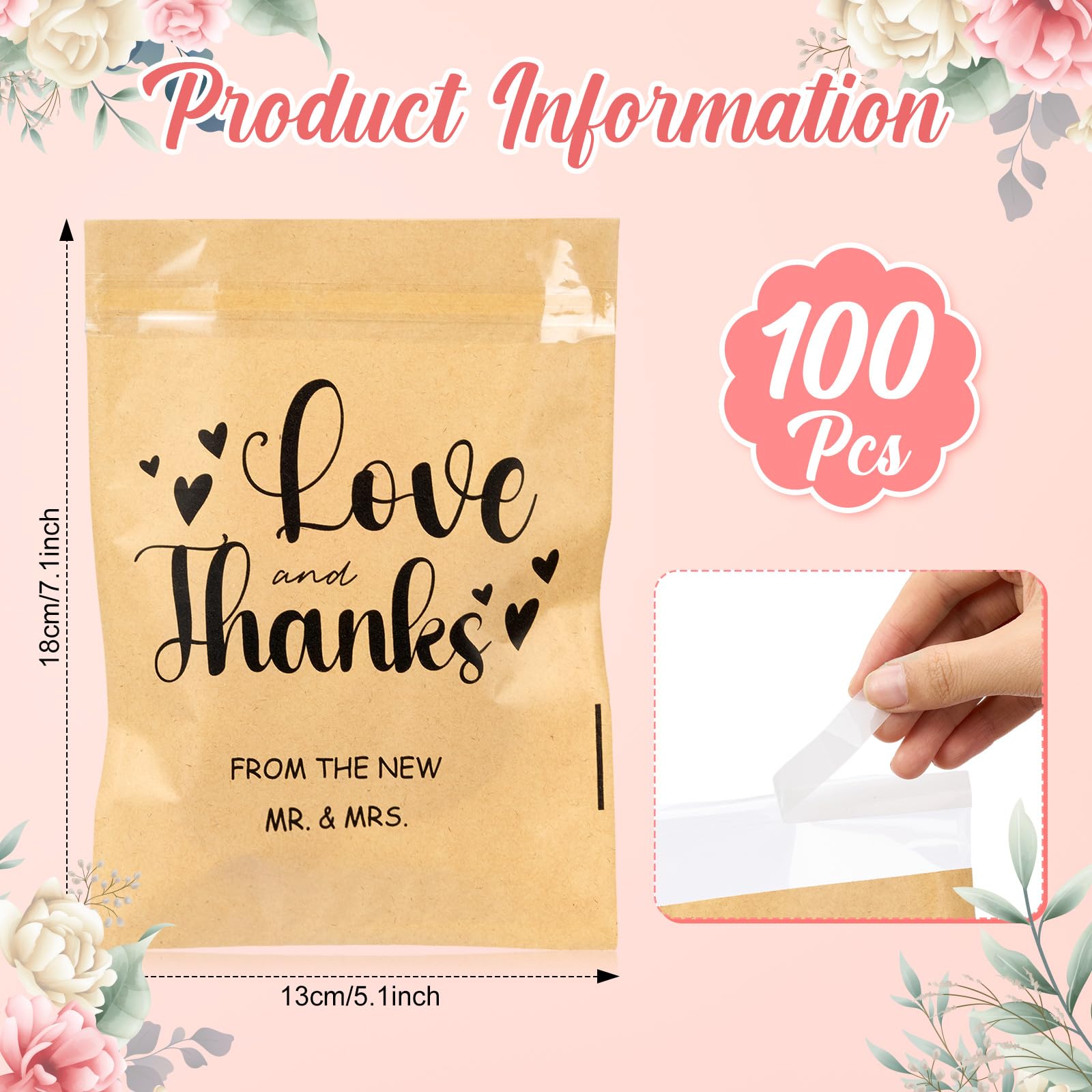 MotiMind 100 Pcs Clear Wedding Cookie Bags Front Paper Self-adhesive Gift Bags Thank You Kraft Paper Treat Candy Container for W