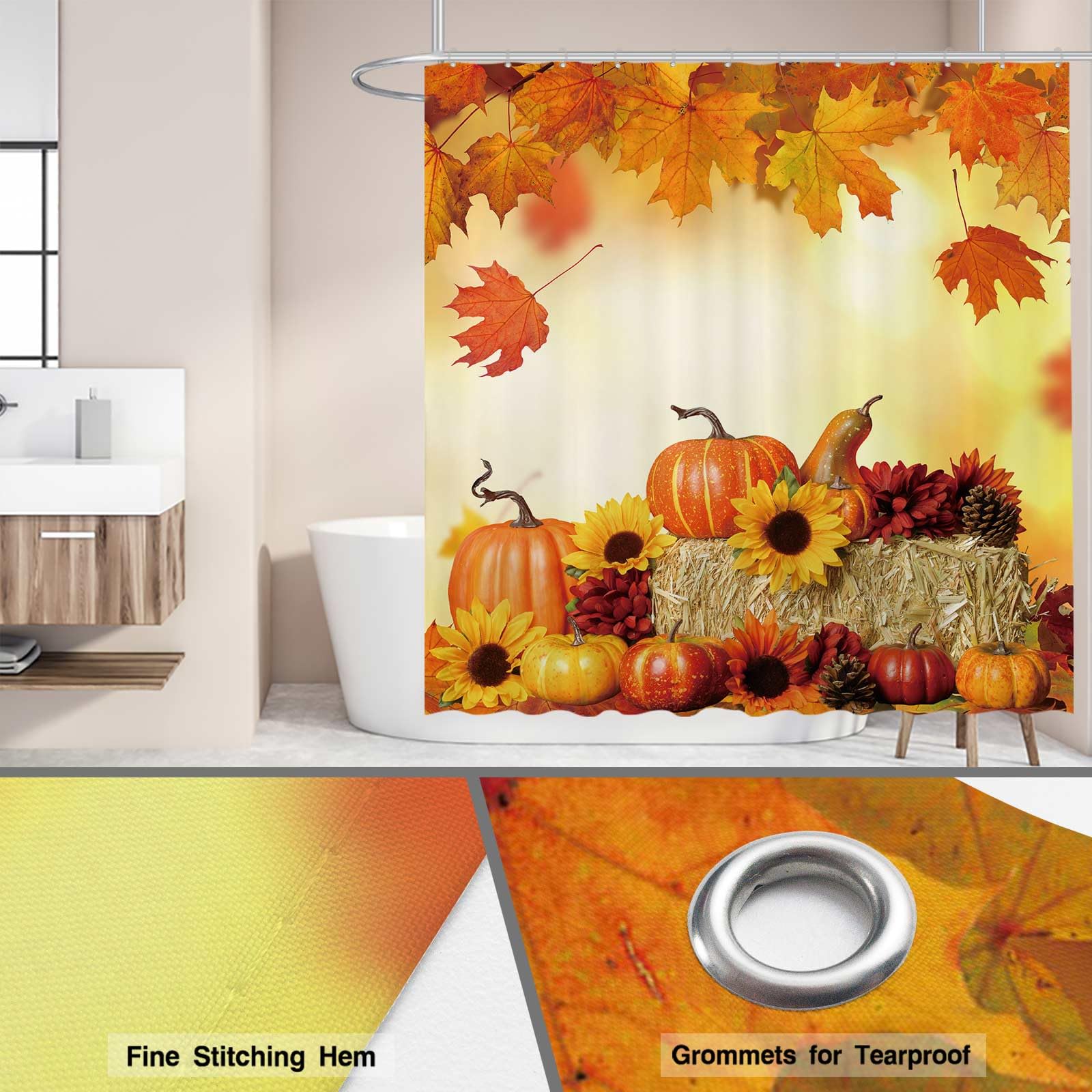 Funnytree Fall Pumpkins Shower Curtain 72"x72" Orange Autumn Decor Machine Washable