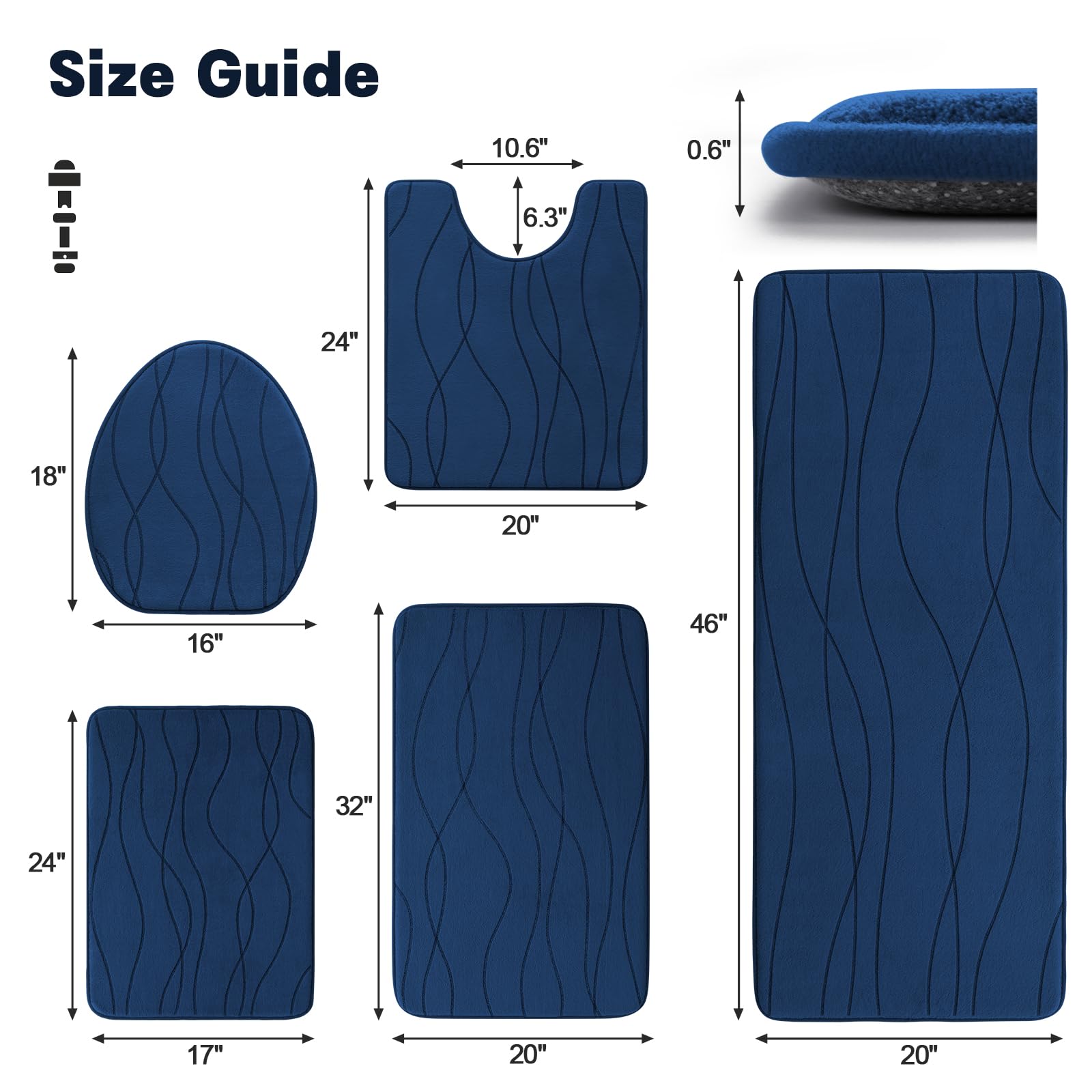 Yihouse Memory Foam Blue Bathroom Rug Sets 5 Piece, Ultra Absorbent Bath Mat For Bathroom - Non-Slip Machine Washable & Dry Quic