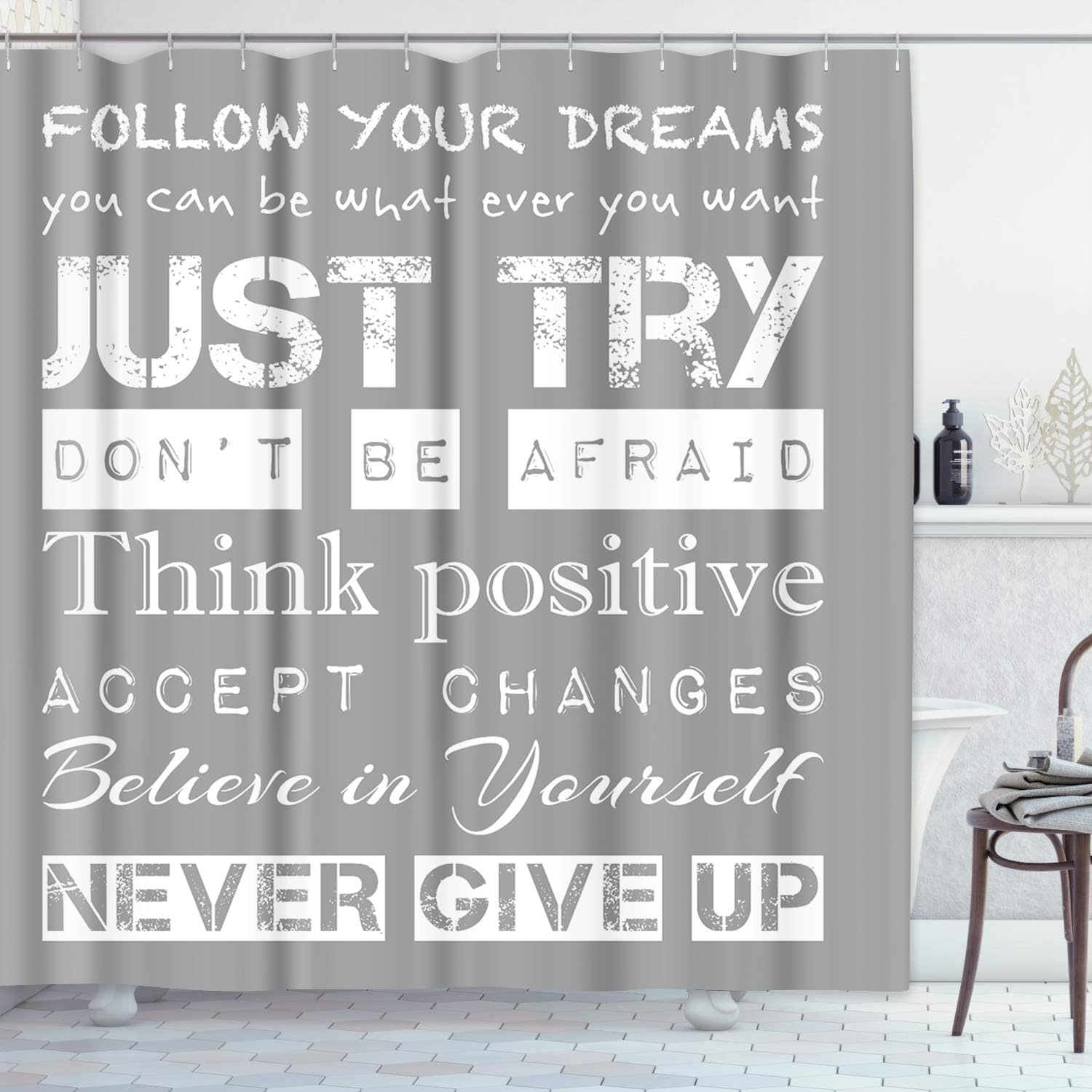 Emvency Grey And White Positive Shower Curtain Inspirational Motivational Teen Follow Your Dreams Just Try Never Give Up Kids Bo