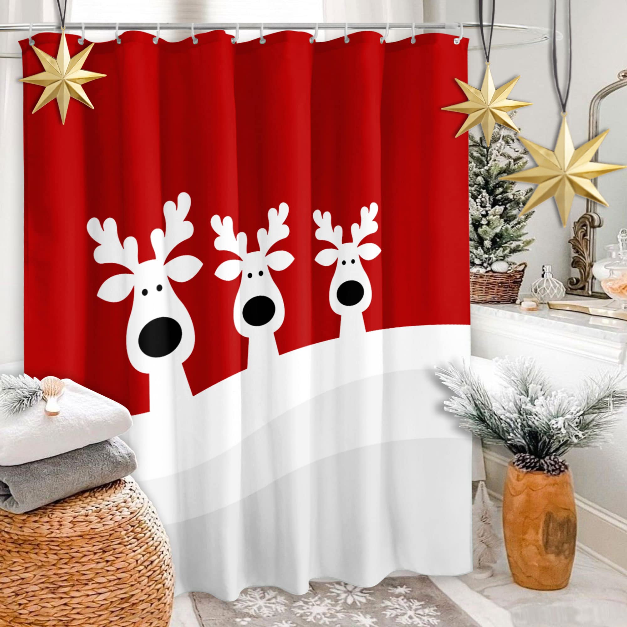 Christmas Elk Shower Curtain, Merry Christmas Reindeer Shower Curtains For Bathroom, Winter Farmhouse Bathroom Home Decor, Cute