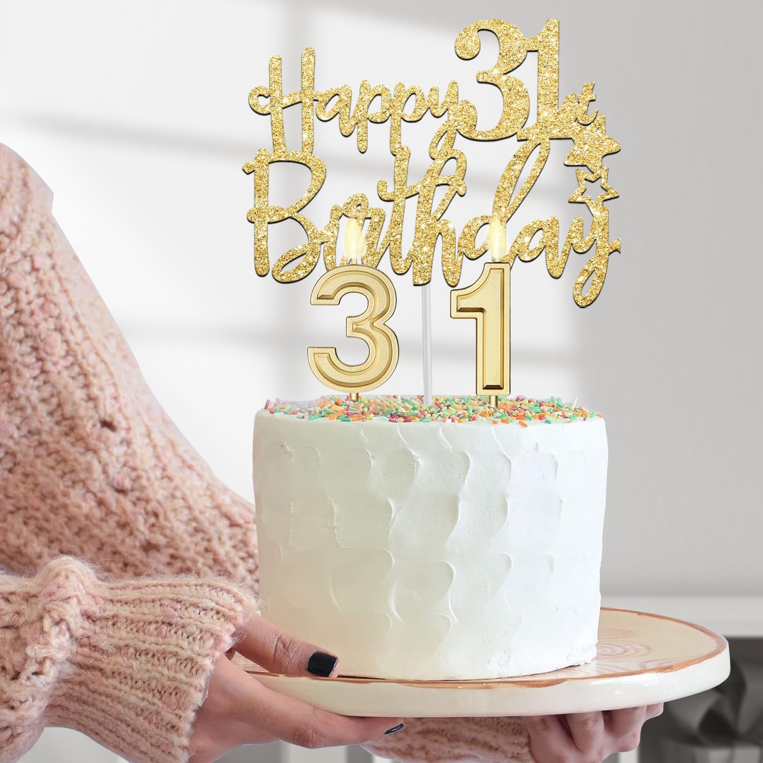 31st Birthday Decorations for Women Gold with 31st Birthday Tiara and Sash, Cake Topper and Number Candles, Number Balloons, 31