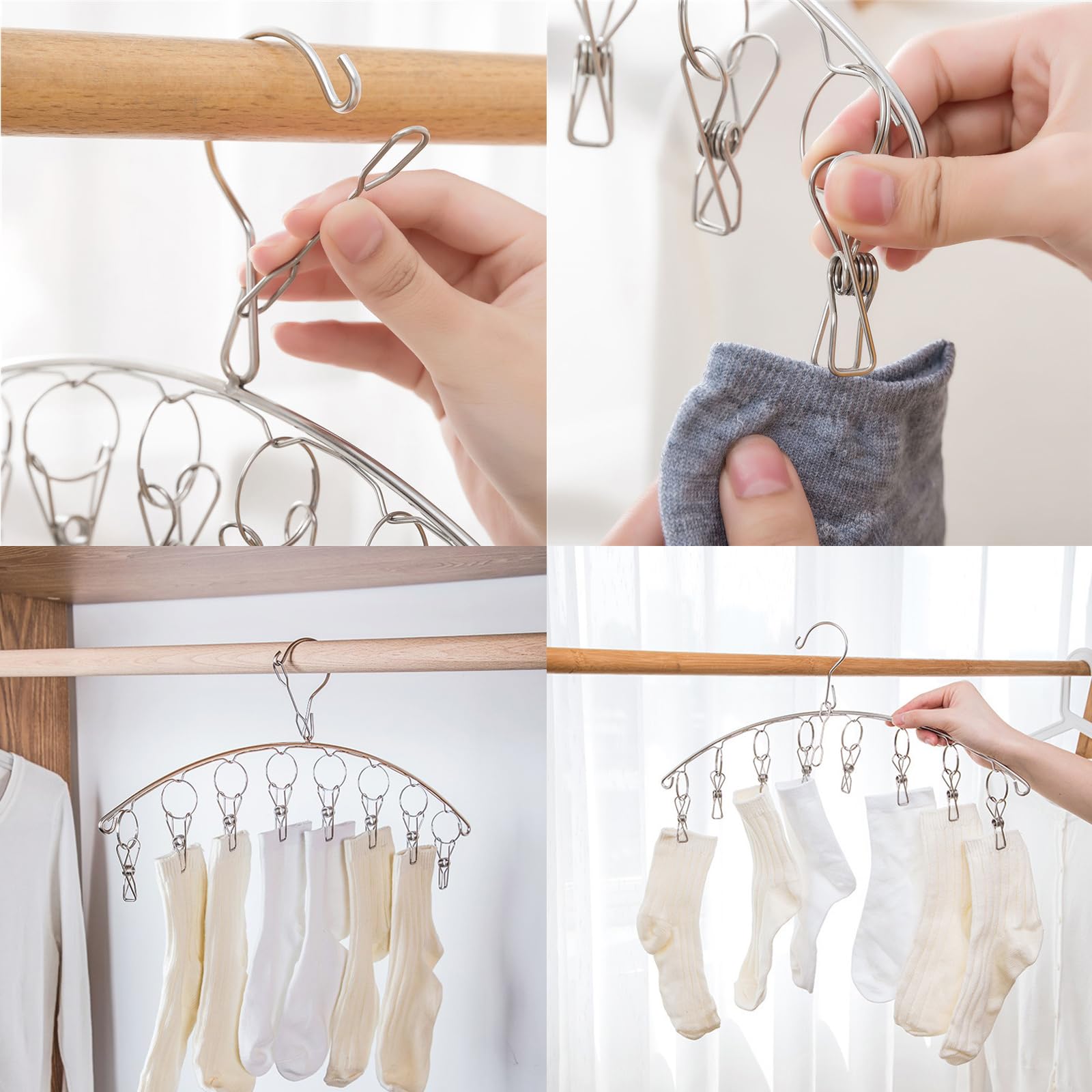 Skroad Stainless Steel Laundry Drying Rack Clothes Hanger With Windproof Hook,Underwear Hanger,Clothes Hangers With 8 Clips For