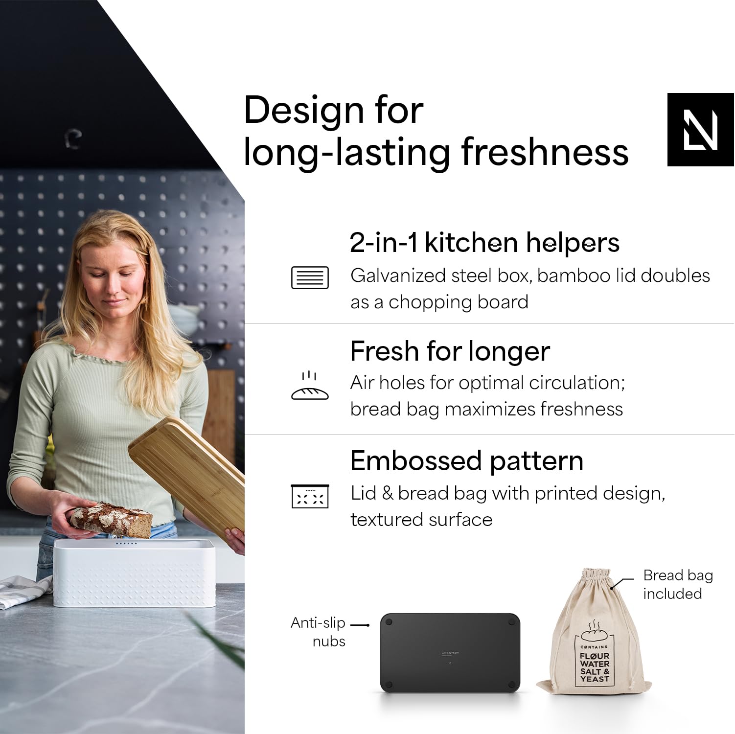 LARS NYSØM Bread Box - Metal with Bamboo Cutting Board Lid, 13.4x7.3x5.3In, Carbon Black, Long-lasting Freshness
