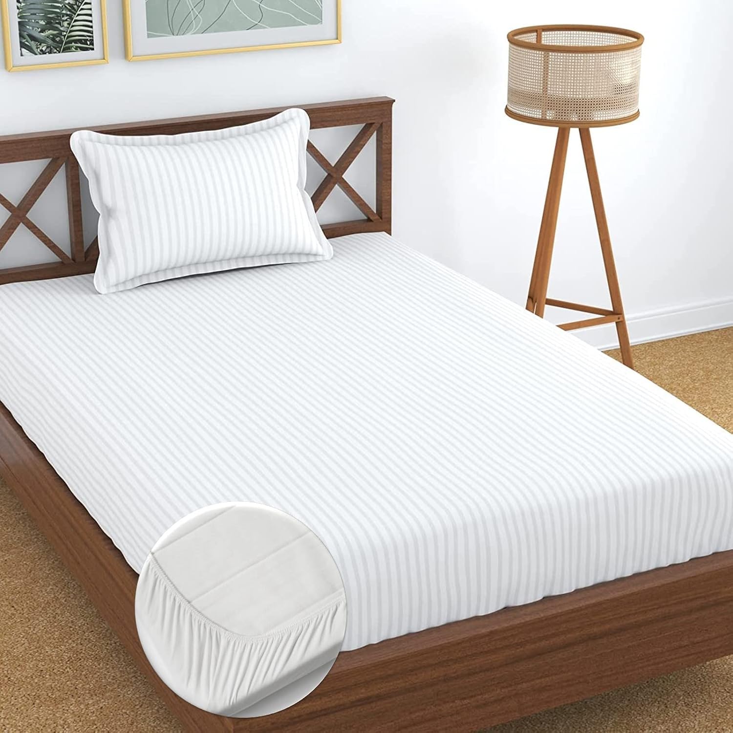 Kawi Single Bedsheet Elastic Fitted Glace Cotton With 1 Pillow Cover,200 Tc (Size 72X48X Up To 8 Inches Mattress) - White Stripe