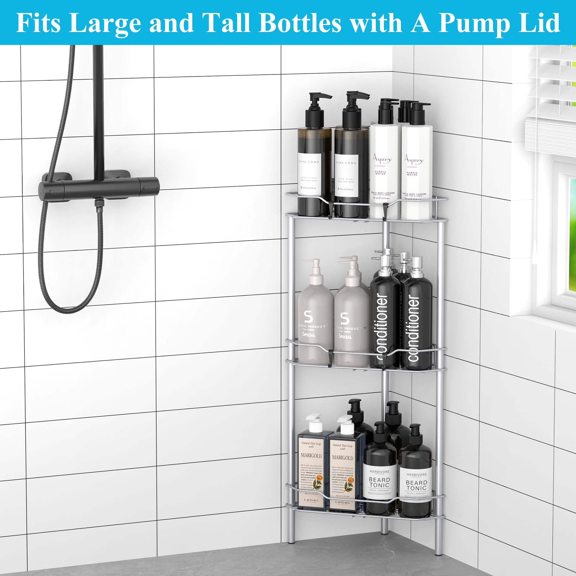 Huggiegems 3 Tier Floor Standing Corner Shower Caddy Organizer Shelf With Hooks, Bathroom Shelves Stand Rack, Silver