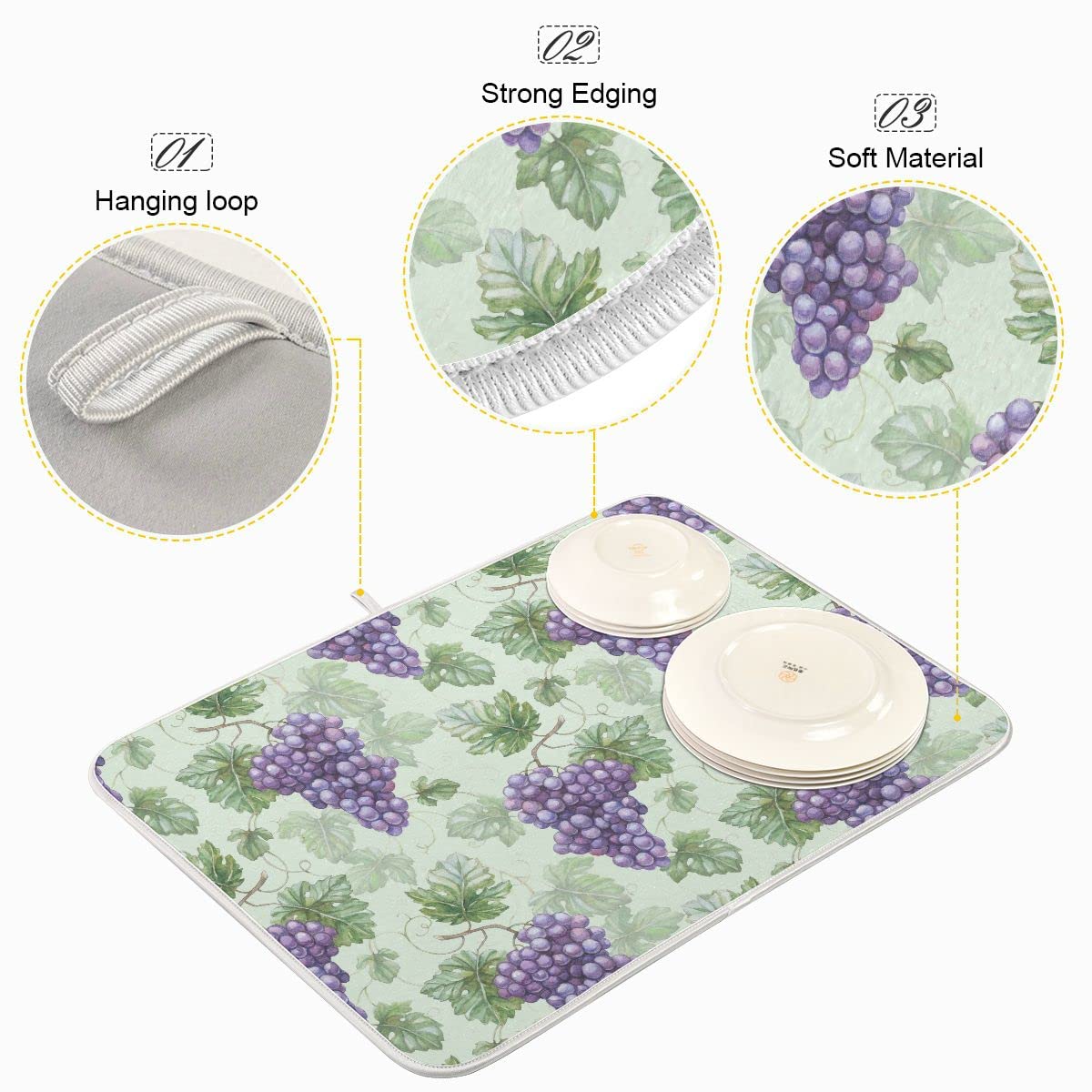 Grapes Purple Rustic Dish Drying Mat for Kitchen Green Leaves Country Fruits Microfiber Drying Mats Absorbent Reversible Dish Pad Medium Dish Draining Mat 16x18 inch