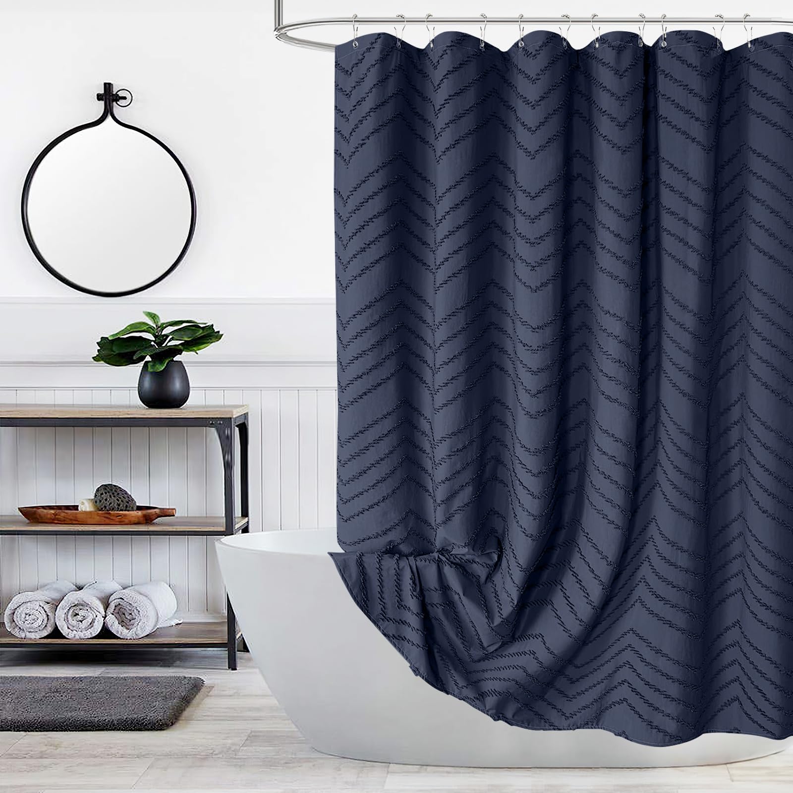 Navy Blue Fabric Shower Curtain Boho Tufted Chevron Striped Textured Cloth Shower Curtains For Bathroom Farmhouse Shabby Chic Wa