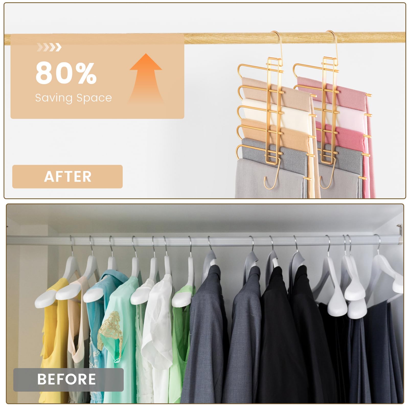 Pants Hangers Space Saving,Closet Hangers 5 Layers 2 Uses Multi Functional Pants Rack,Metal Heavy Duty Wardrobe Organizer Racks
