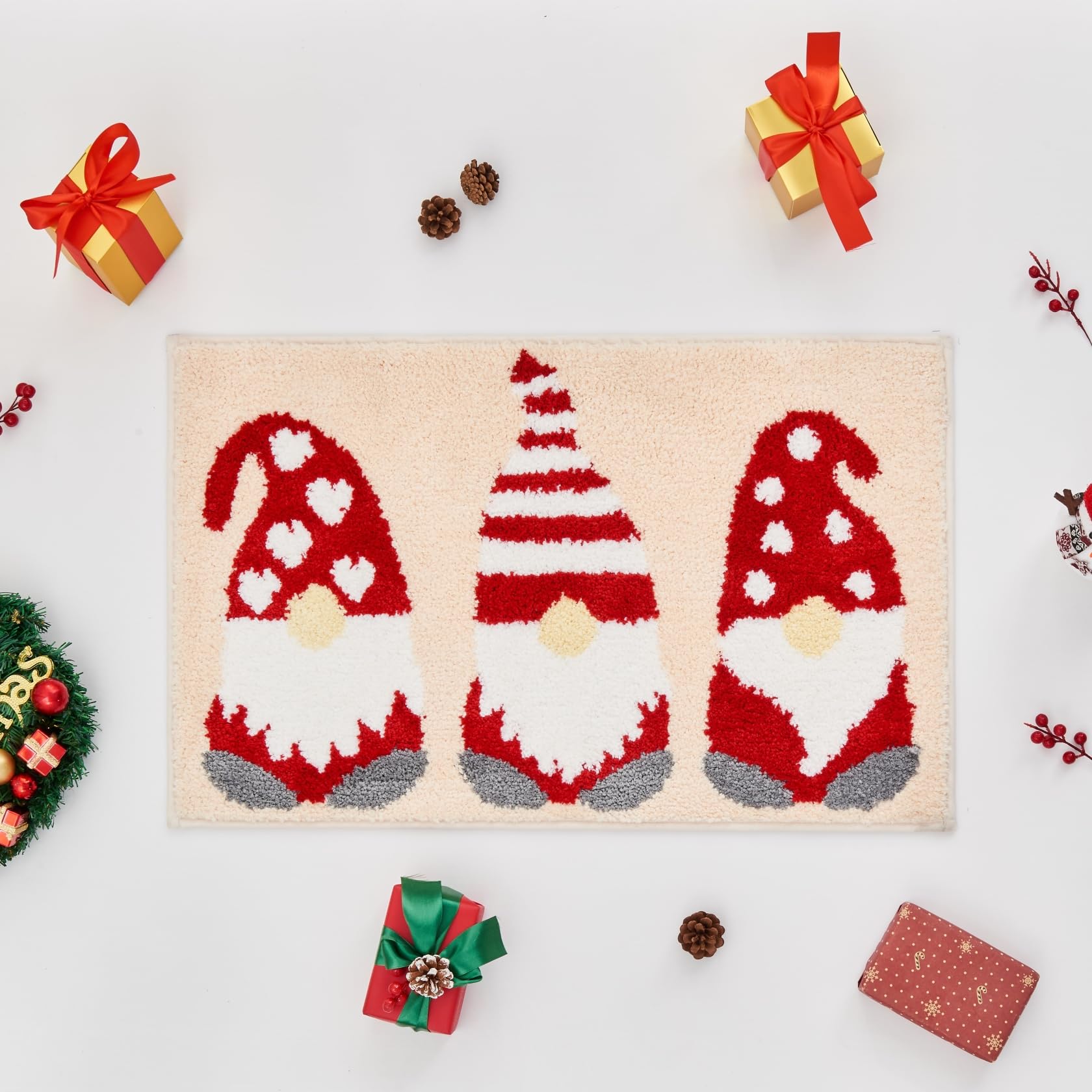 Douceur Christmas Gnome Bathroom Rugs, Cute Beige Bath Mat, Christmas Bathroom D Cor Non Slip Bath Rugs, Soft And Absorbent Wash