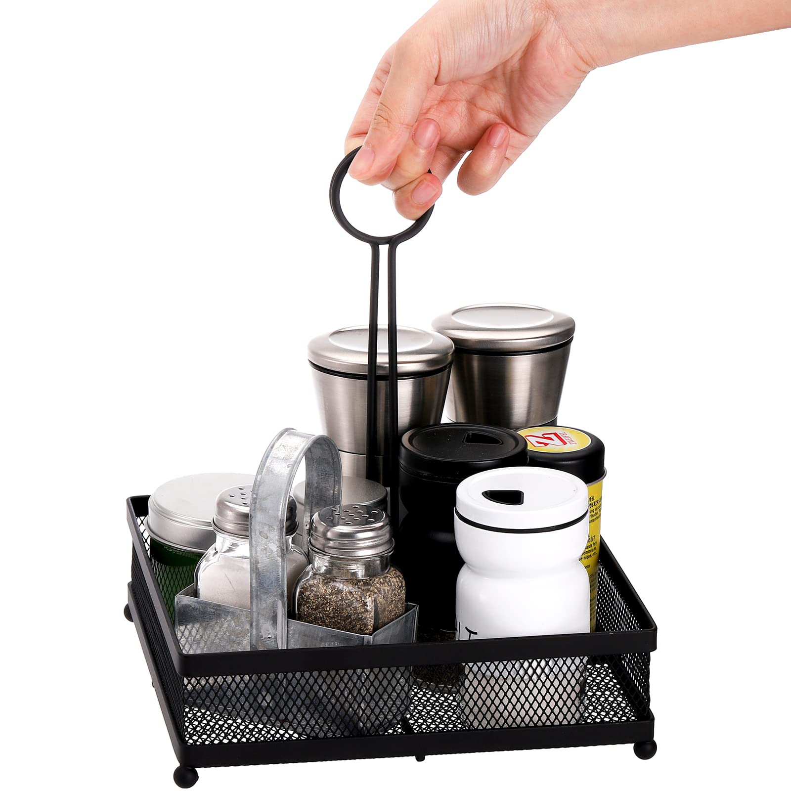 Lyellfe Set Of 2 Metal Condiment Caddy, Square Table Caddy Collection With Number Card Holder, Black Tabletop Seasoning Spice Or