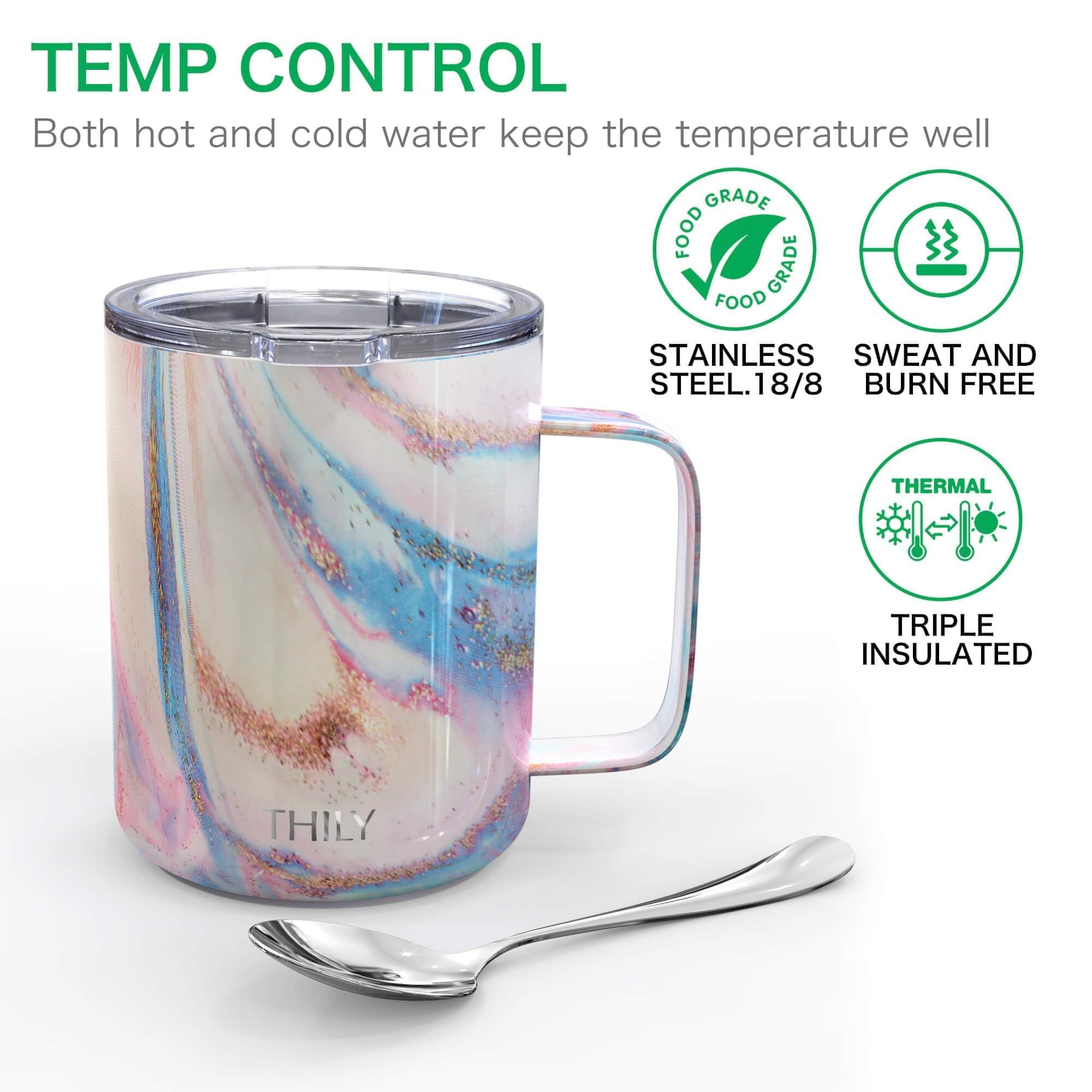 Thily Stainless Steel Insulated Coffee Mug 12 Oz Vacuum Insulated Coffee Cup With Handle, Spill-Proof Lid, Keep Coffee Cold, Pin